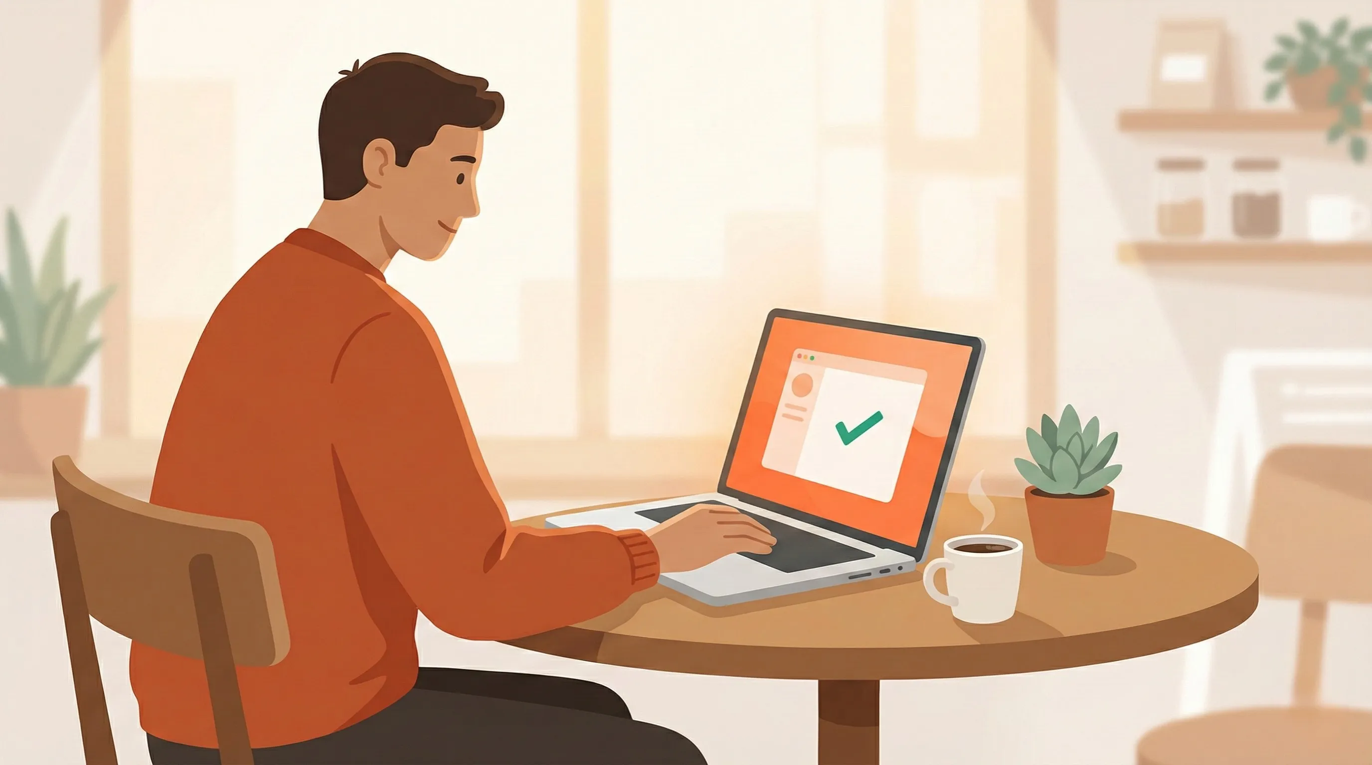 Illustration of a relaxed business owner switching energy online at a cafe, with a laptop showing a completed task checkmark