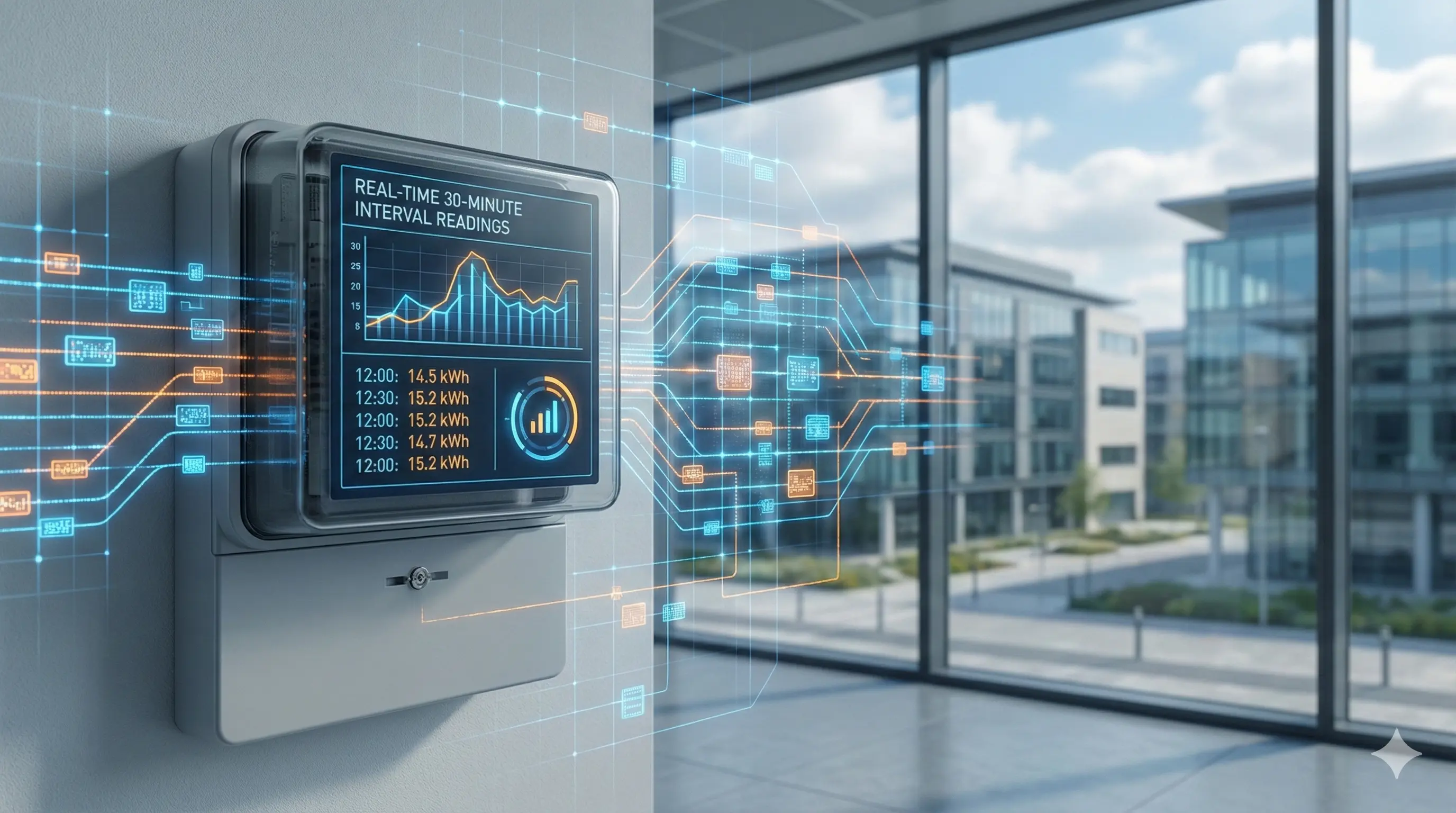 Smart meter showing half-hourly energy readings for MHHS business energy settlement