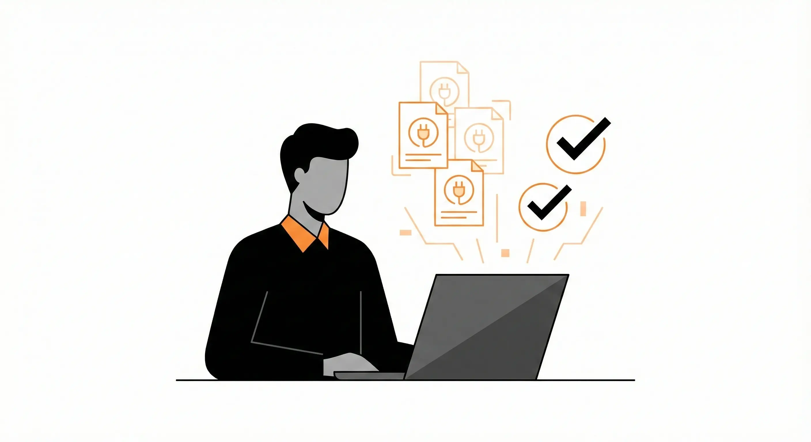 Business owner reviewing energy bills on laptop with documents transforming into checkmarks representing simplified switching