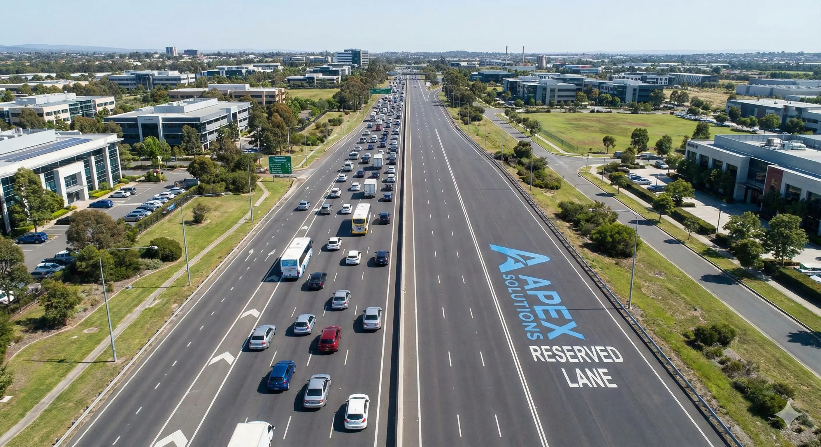 Aerial view of motorway with one lane empty and reserved, illustrating wasted kVA capacity in business energy contracts
