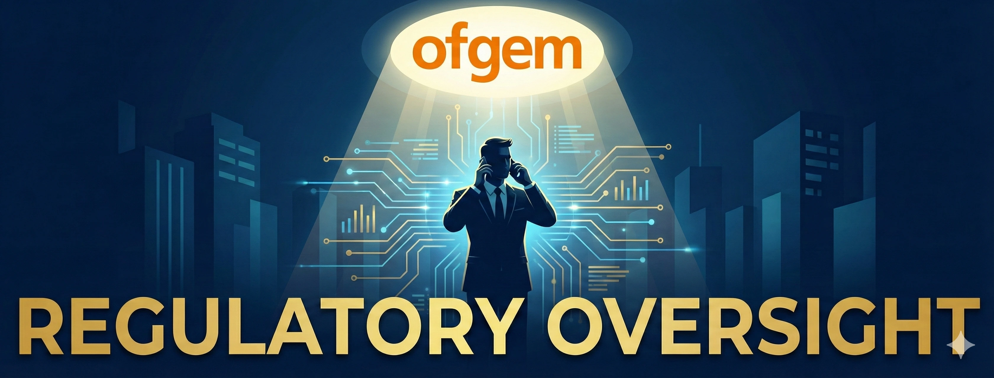 Ofgem spotlight shining down on silhouette of energy broker on phone, with digital circuit patterns and city skyline, text reading Regulatory Oversight