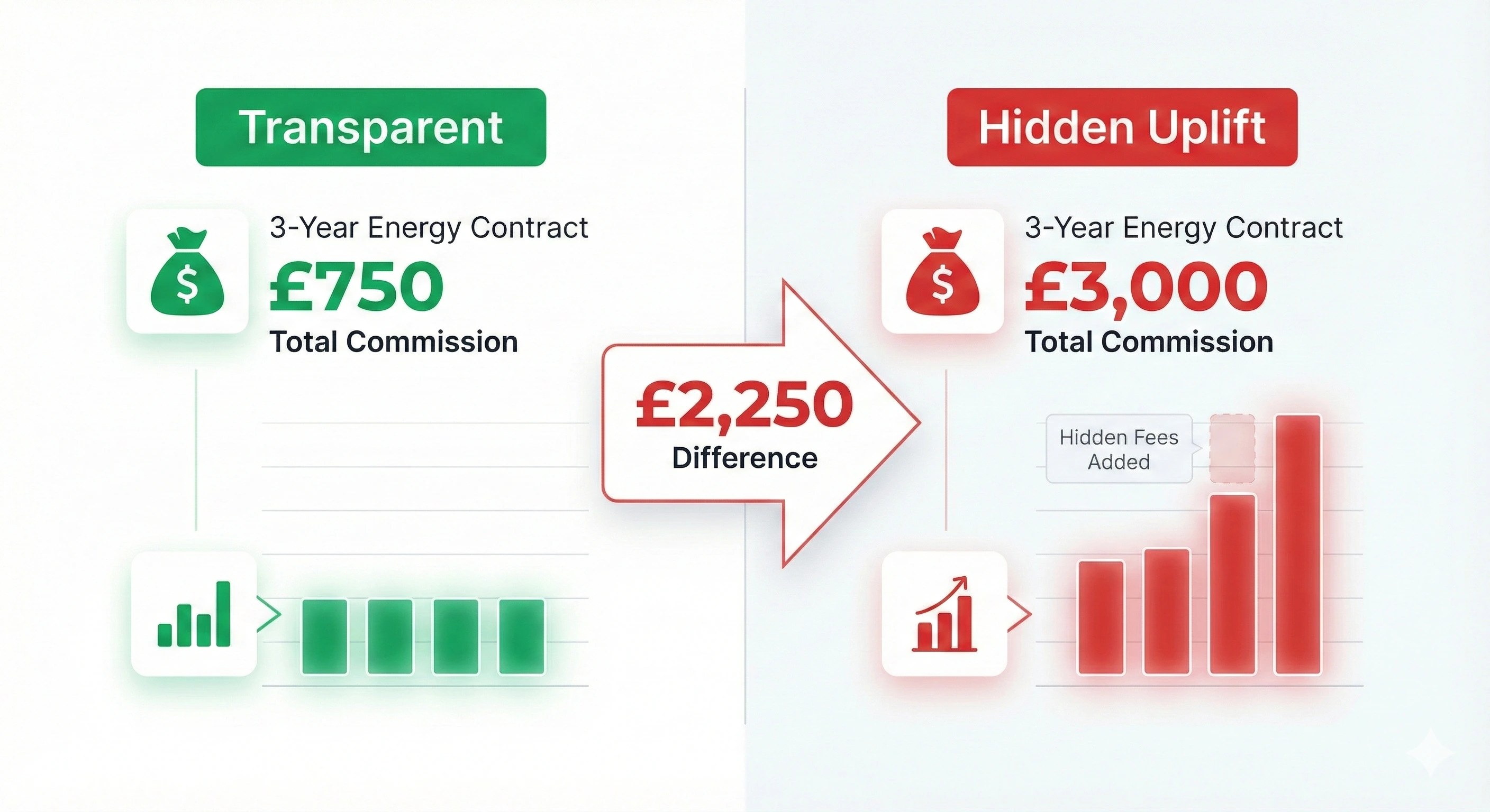 Side-by-side infographic showing a £750 transparent commission on a 3-year contract versus a £3,000 hidden uplift commission, with a red arrow highlighting a £2,250 difference