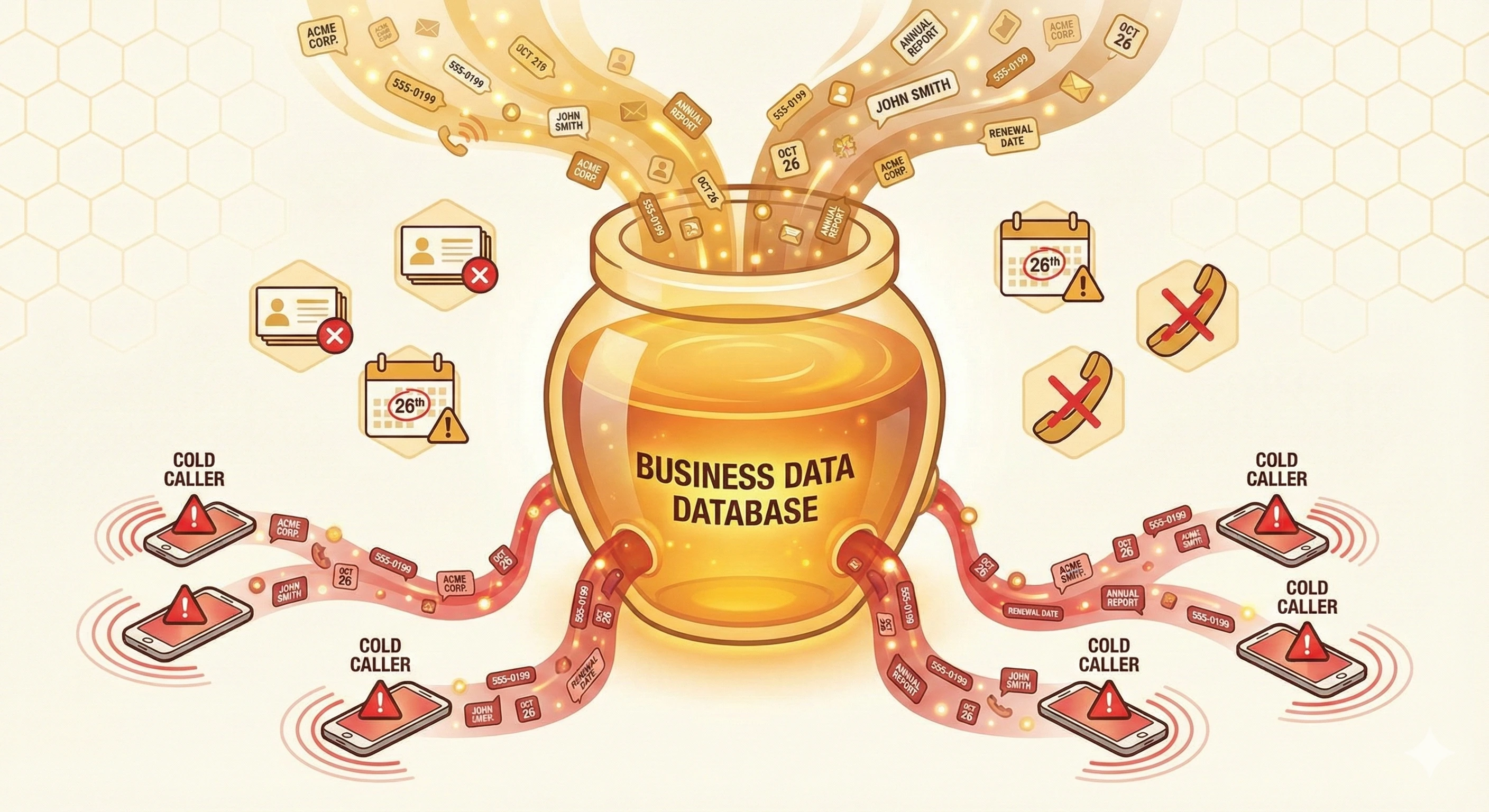 Infographic showing honey pot database of business data with company names, phone numbers, and contract dates flowing in from the top, and multiple streams flowing out to cold caller phones with warning symbols