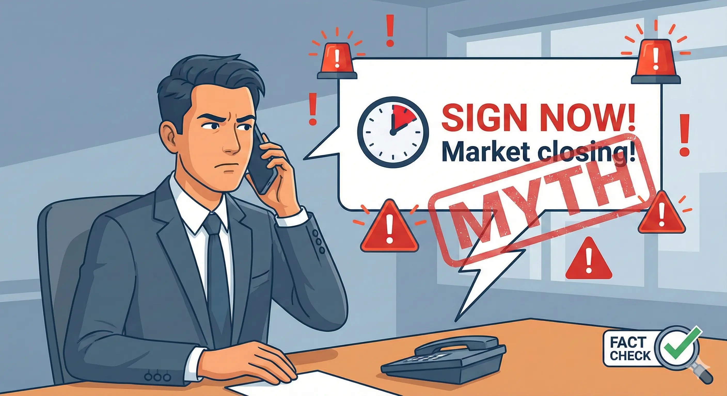 Illustration of a sceptical businessman on the phone receiving a sales call with speech bubble saying Sign Now Market Closing stamped with MYTH and surrounded by warning symbols and a Fact Check badge