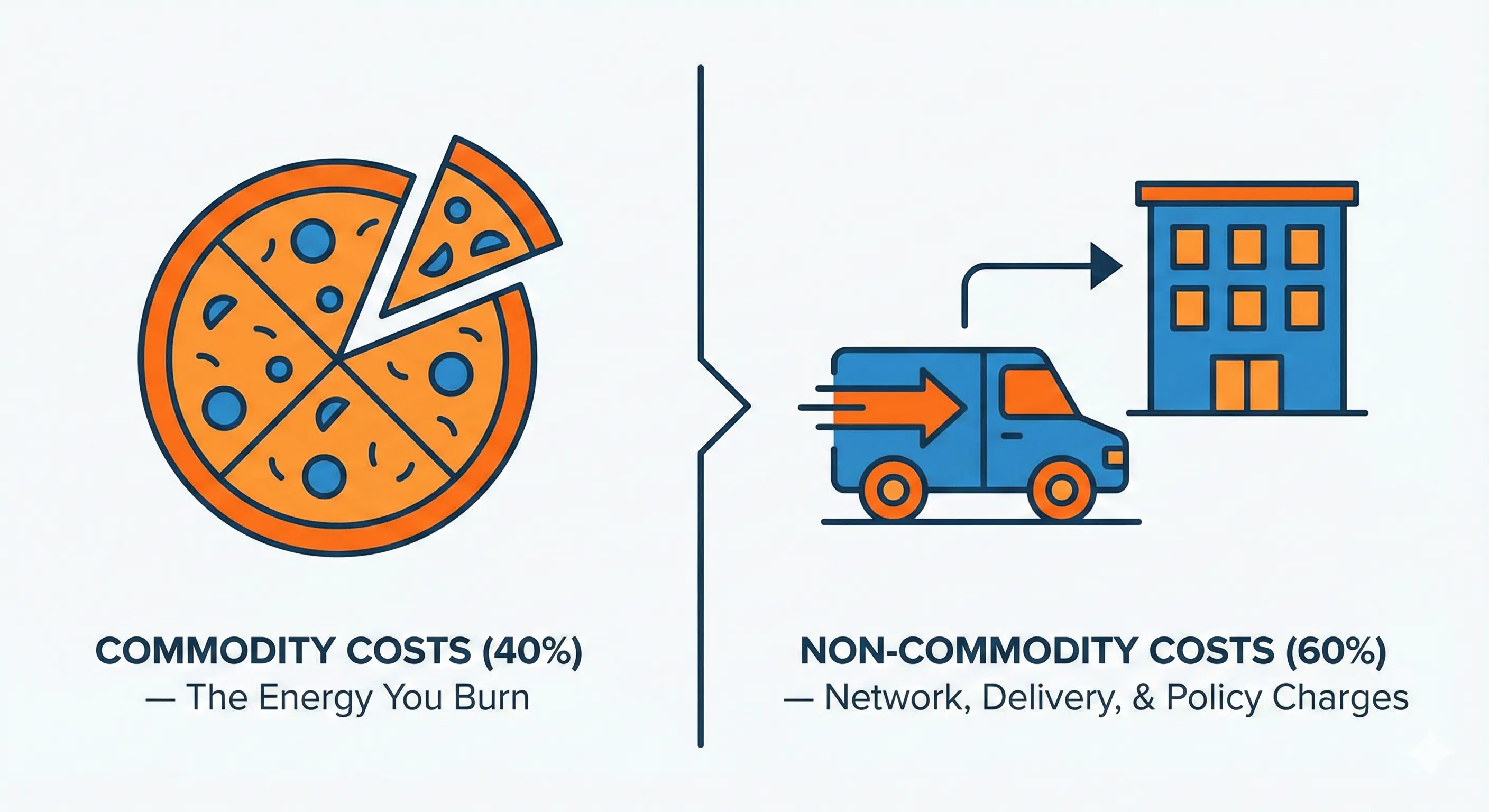 Business energy bill breakdown showing commodity costs (pizza) at 40% vs non-commodity costs (delivery) at 60%