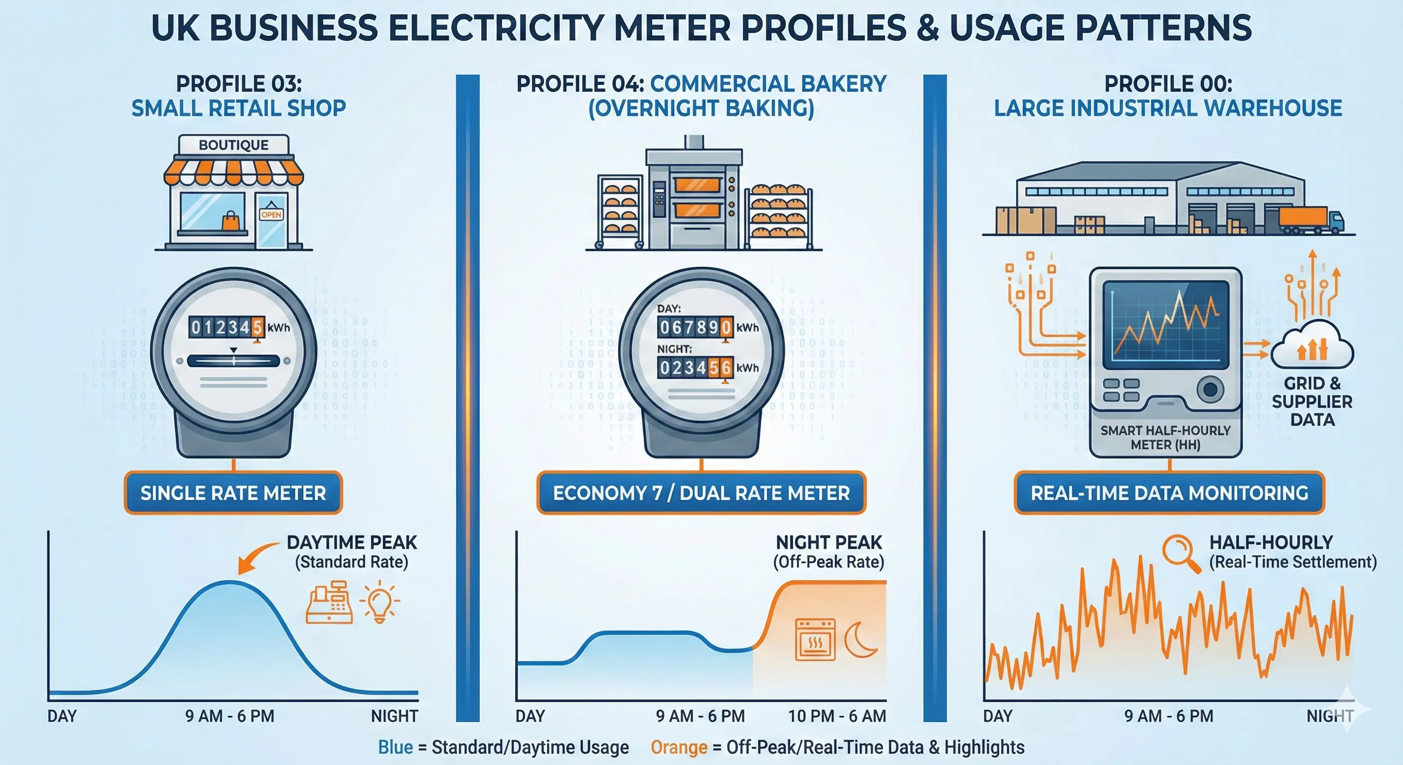 Comparison of UK business energy meter Profile Classes 03, 04, and 00 with typical use cases