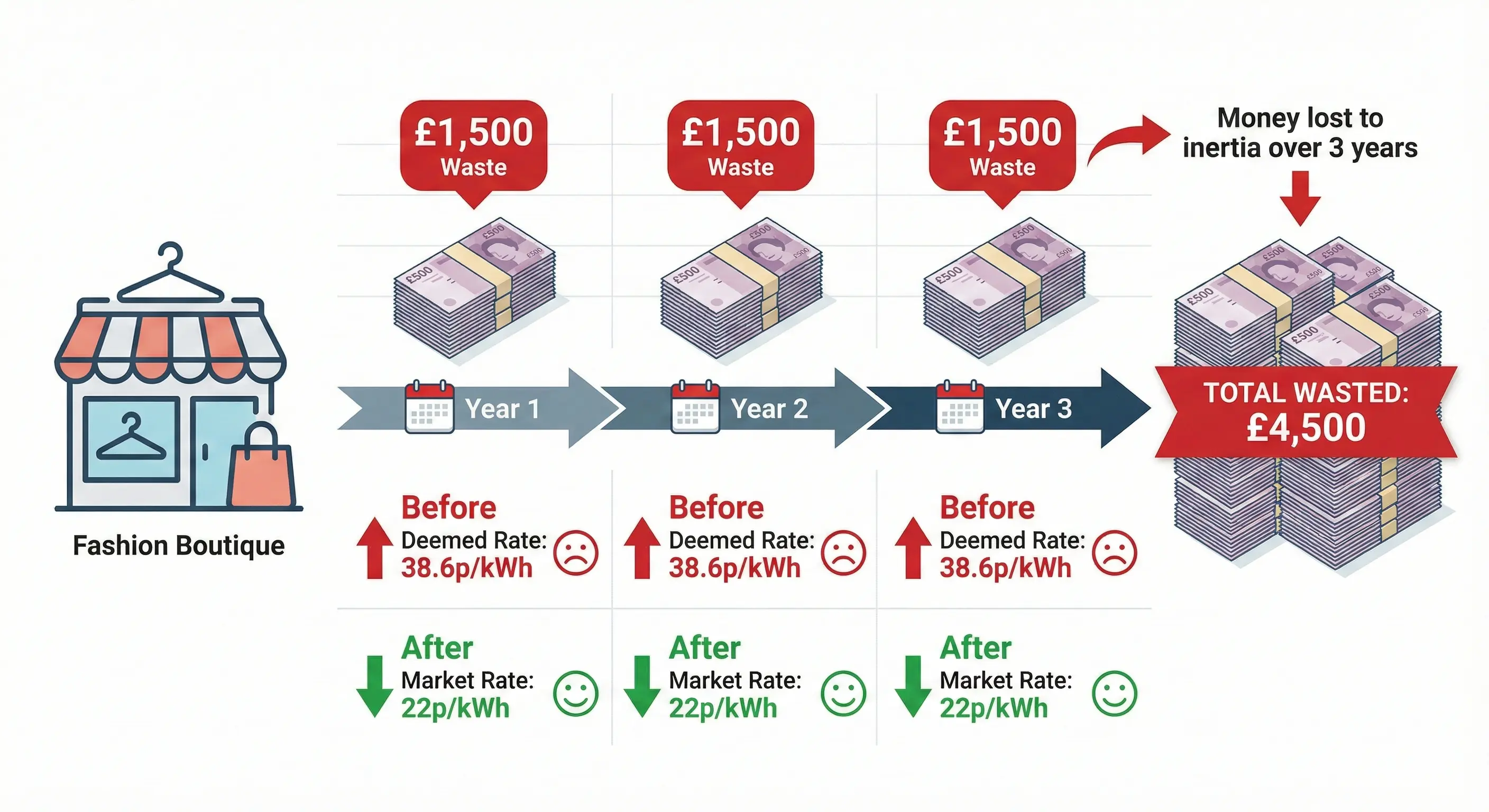 Infographic showing £4,500 wasted over 3 years on deemed rates with before and after comparison - 38.6p/kWh dropping to 22p/kWh after switching, with annual savings of £1,500 highlighted