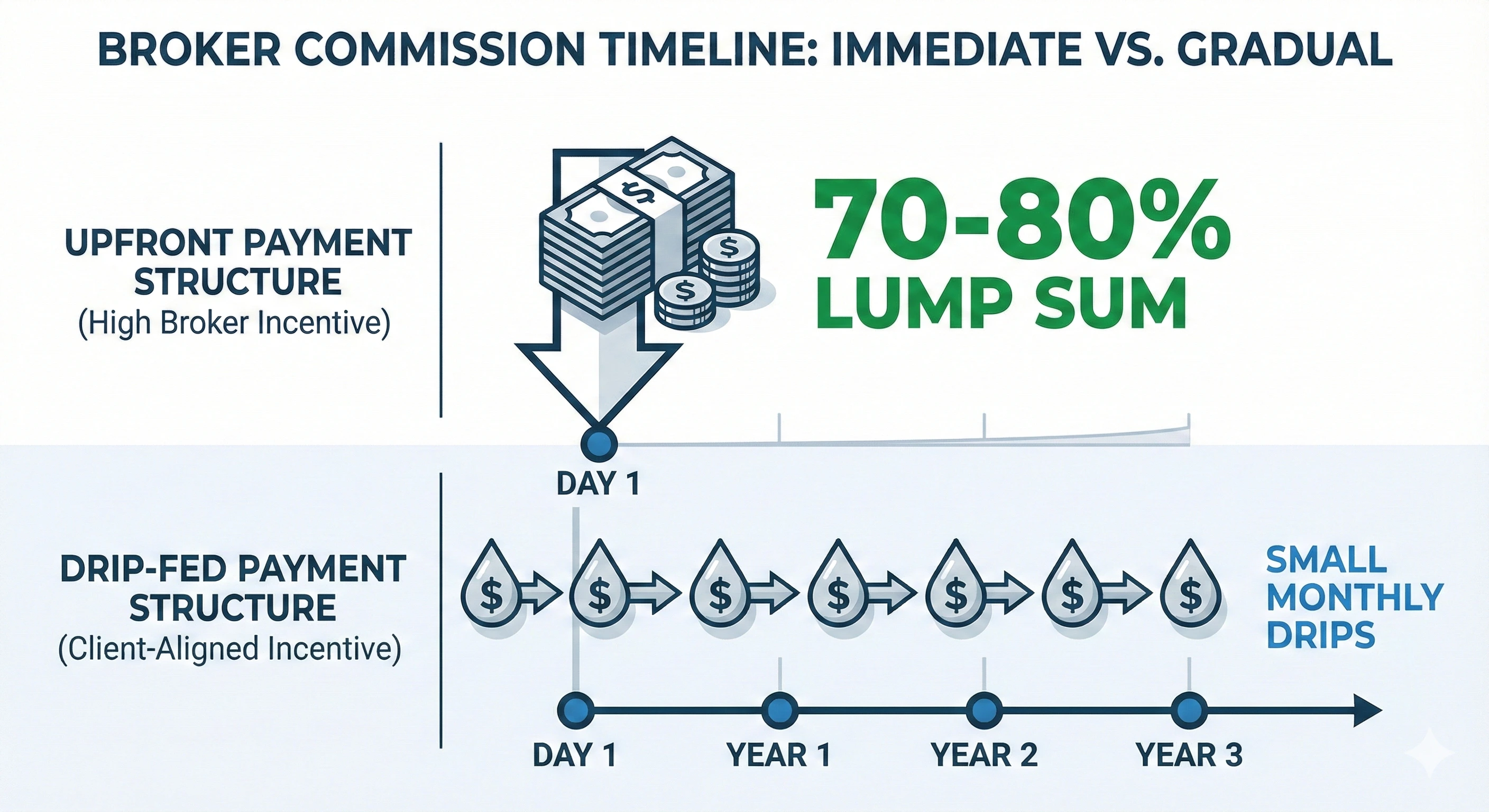 Infographic contrasting broker commission timelines: a large lump-sum stack of cash at day one for upfront payment versus small monthly drip icons across years one to three