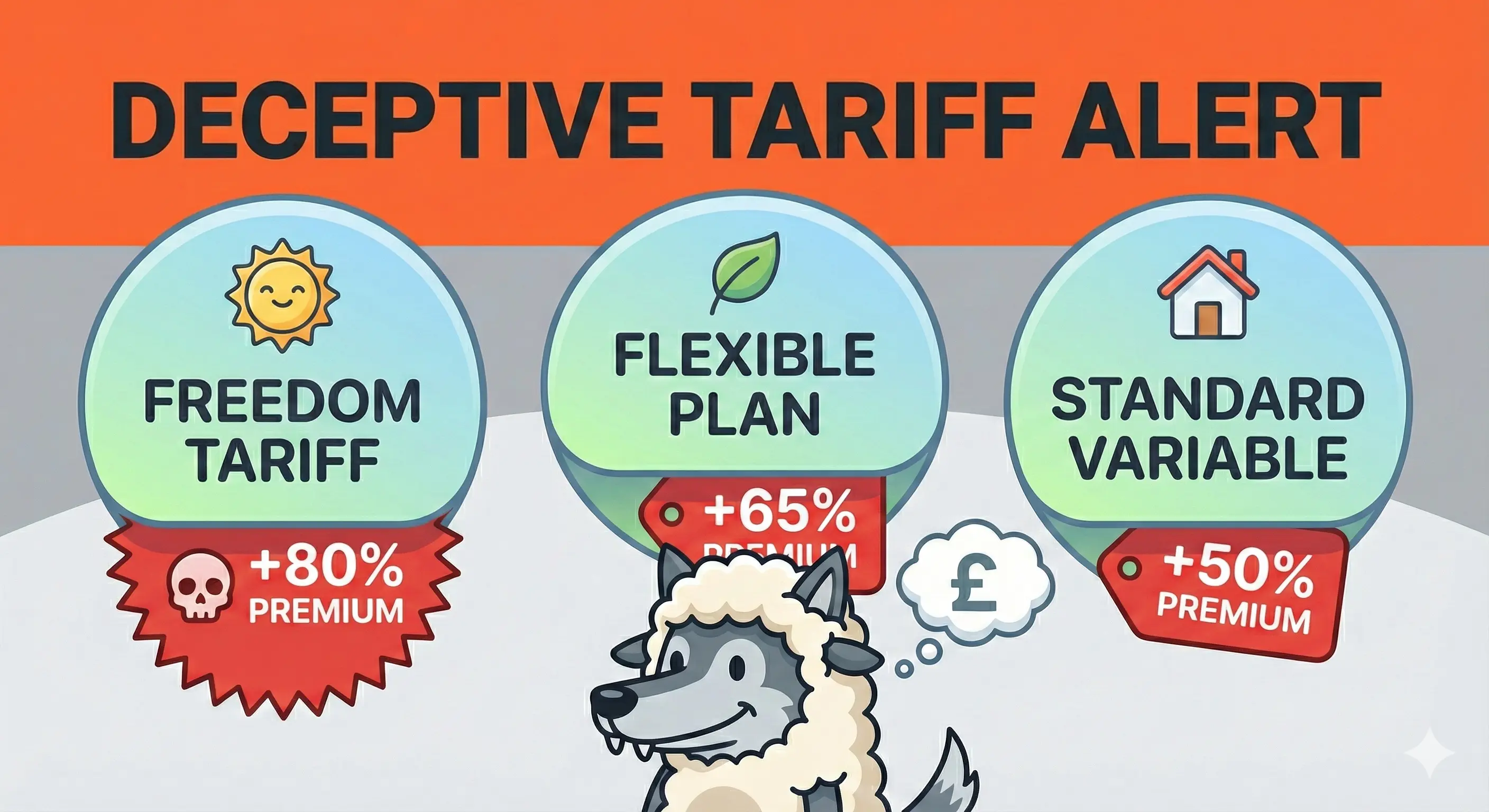 Warning illustration showing friendly-looking tariff names like Freedom Tariff and Flexible Plan on attractive badges, but with hidden price tags underneath revealing 50-80% premium costs