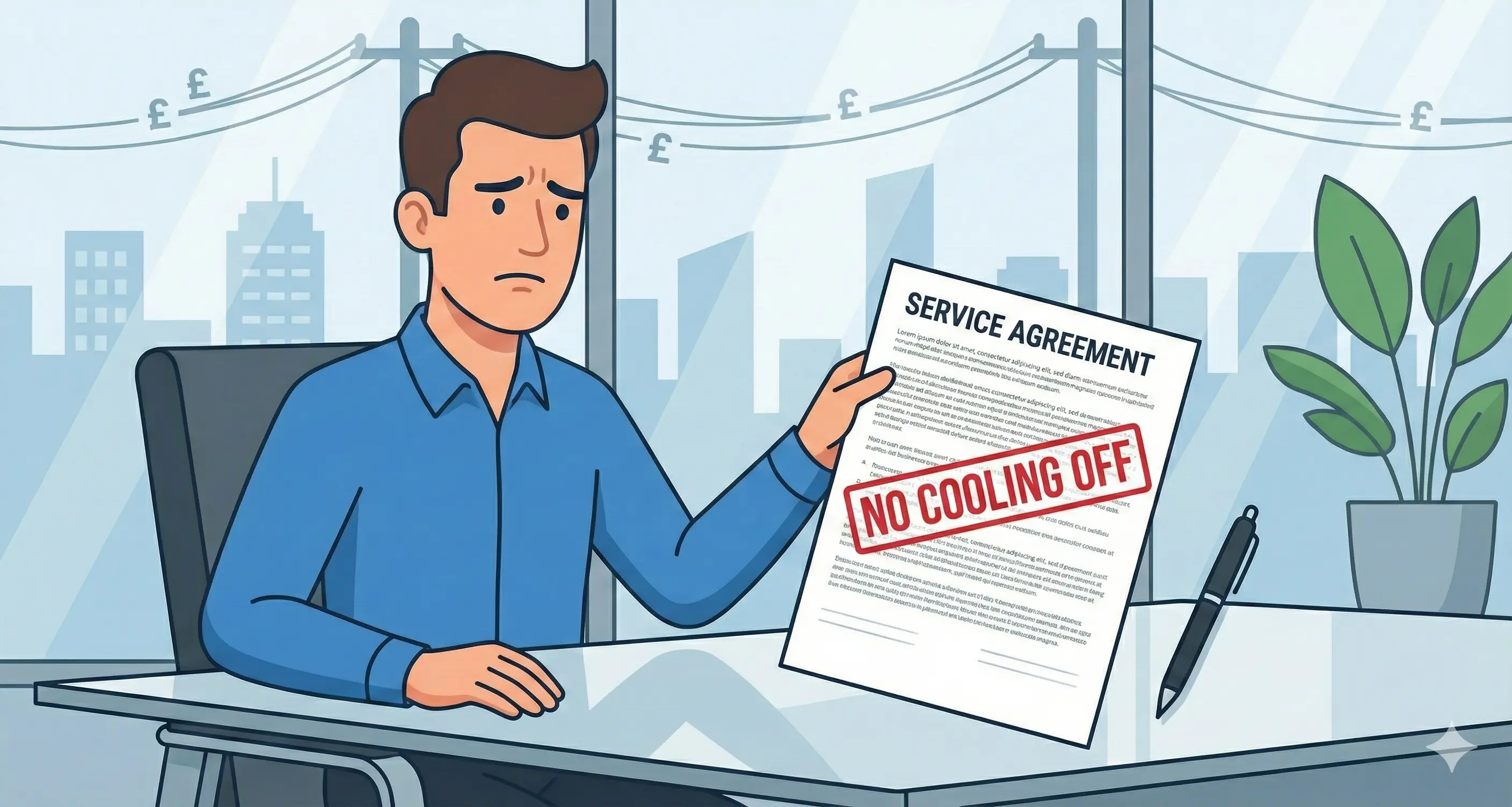 Business owner looking concerned while reviewing energy contract documents with visible fine print and warning elements