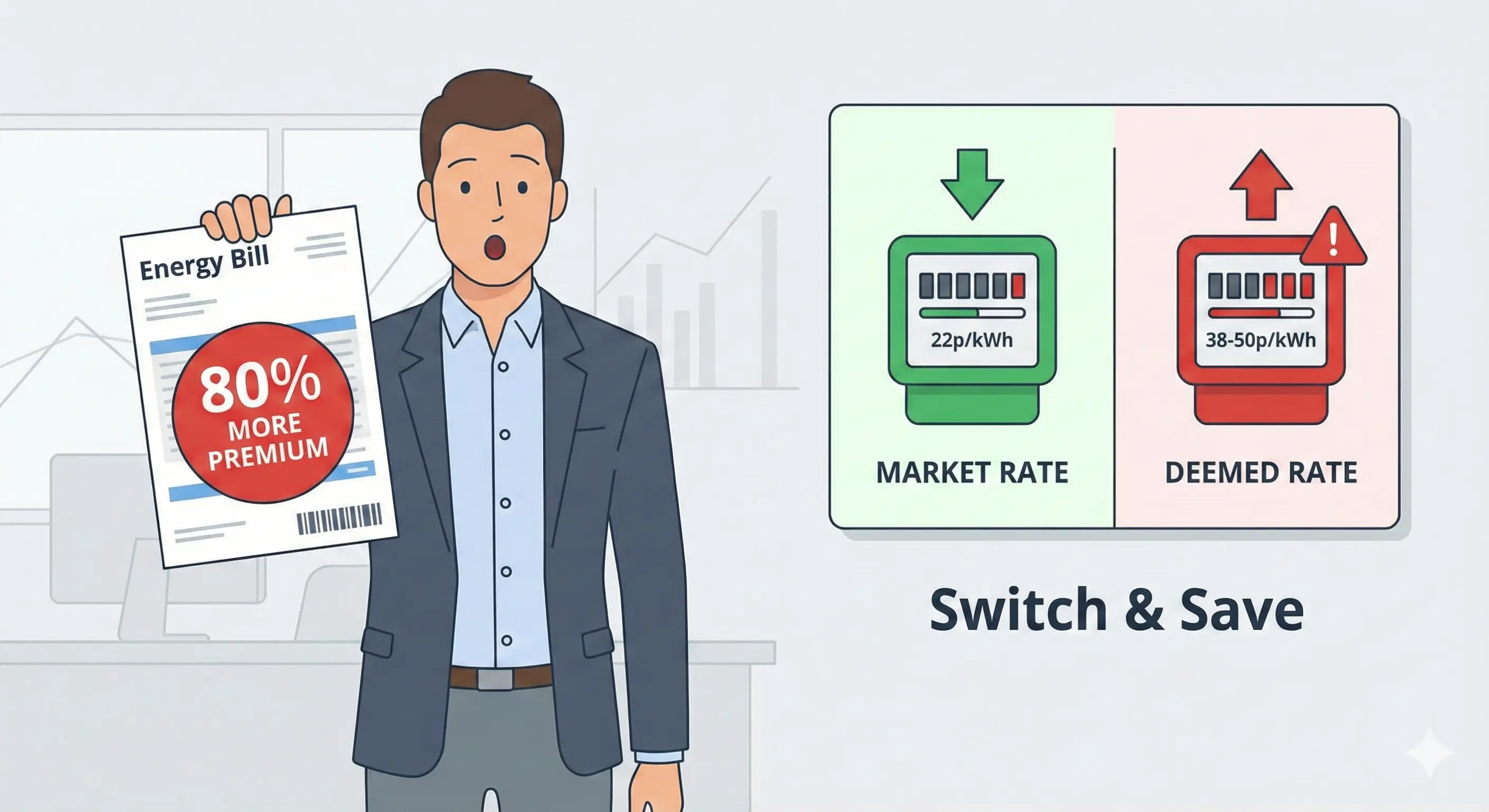 Business owner holding energy bill with shocked expression as large red arrow shows deemed rate at 38p versus green market rate at 22p, illustrating the 80% premium trap