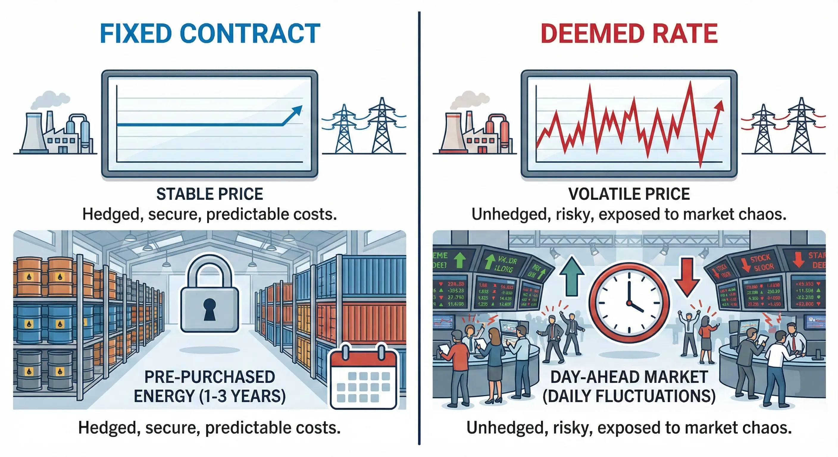 Split comparison illustration showing fixed contract strategy with stable hedged pricing and energy bought in advance on the left, versus volatile deemed rate strategy with chaotic day-ahead market price spikes on the right