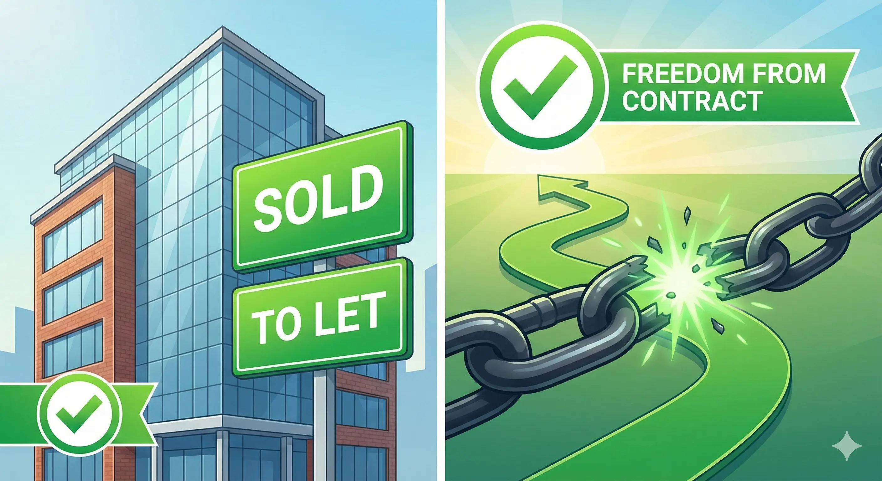 Split illustration showing an office building with Sold and To Let signs alongside a breaking chain symbolising freedom from contract, with green checkmarks
