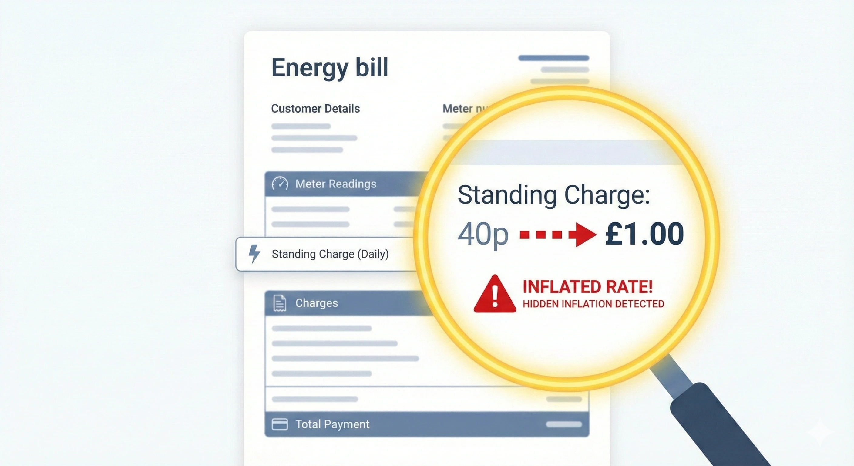 Energy bill graphic with a magnifying glass highlighting the standing charge jumping from 40p to £1.00 and a red warning reading inflated rate, hidden inflation detected