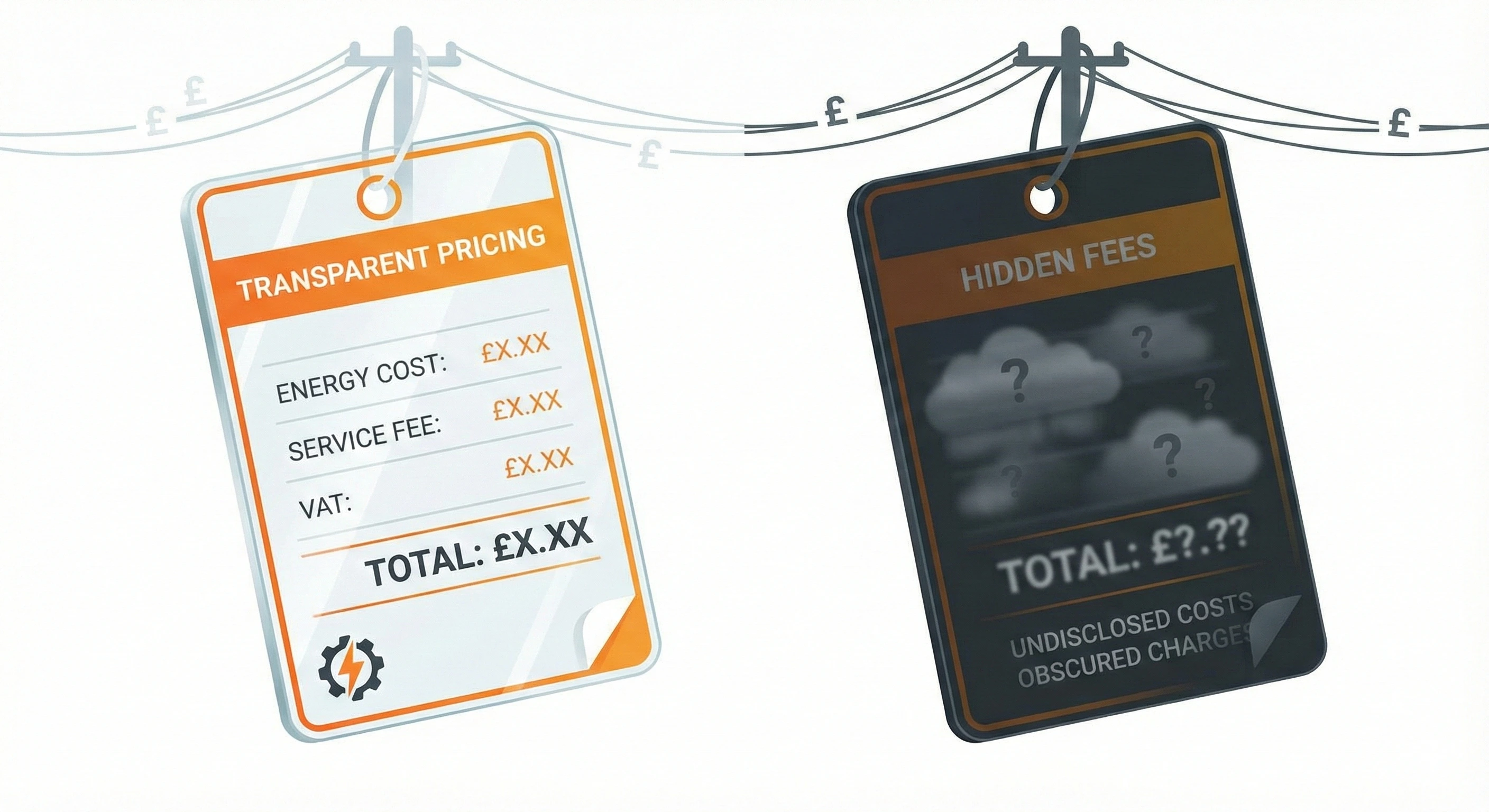 Two hanging price tags comparing transparent pricing with clear energy, service, VAT, and total costs versus a blurred tag labelled hidden fees with obscured totals