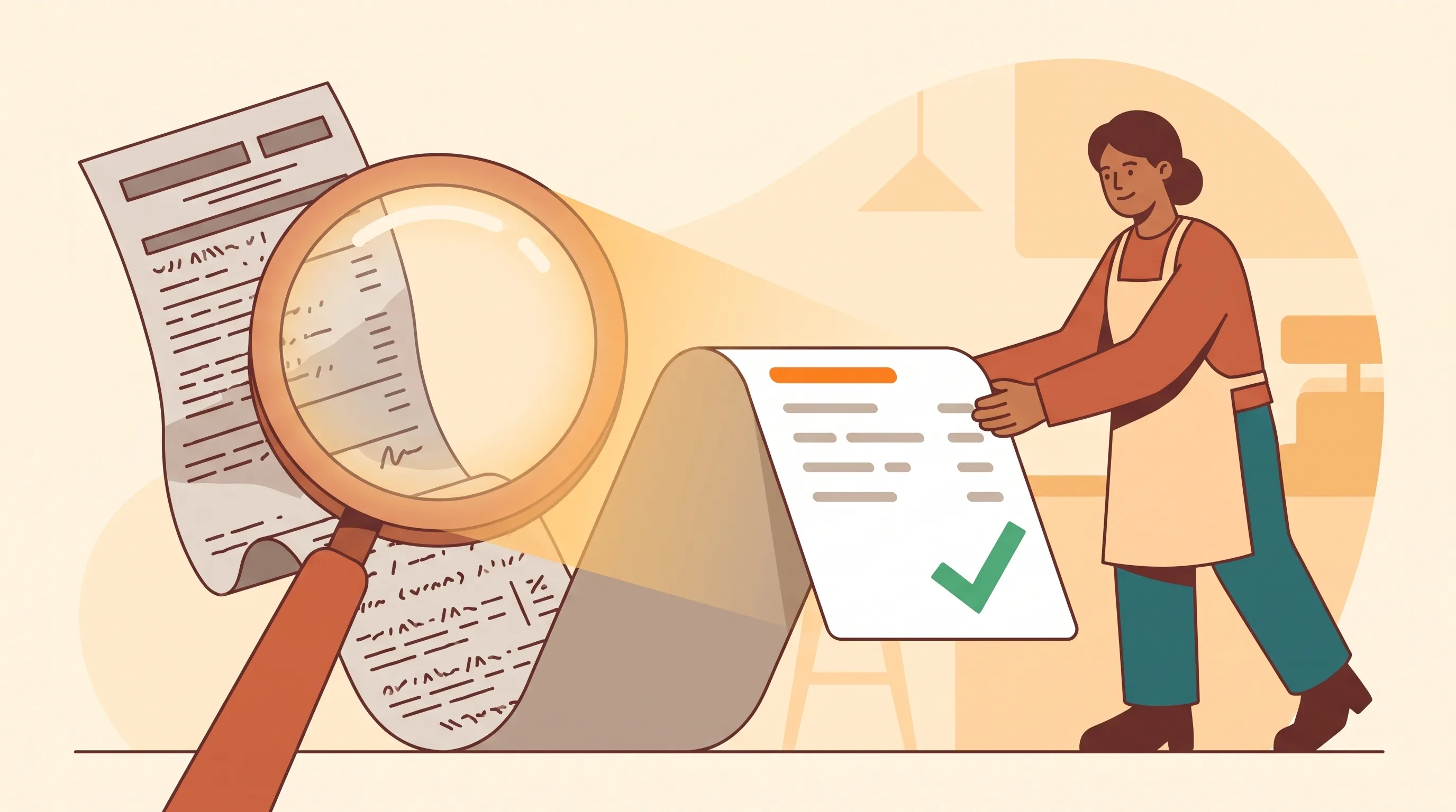 Flat vector illustration of a messy business energy bill under a magnifying lens turning into a clean, checked summary card with a green tick, picked up by a small business owner