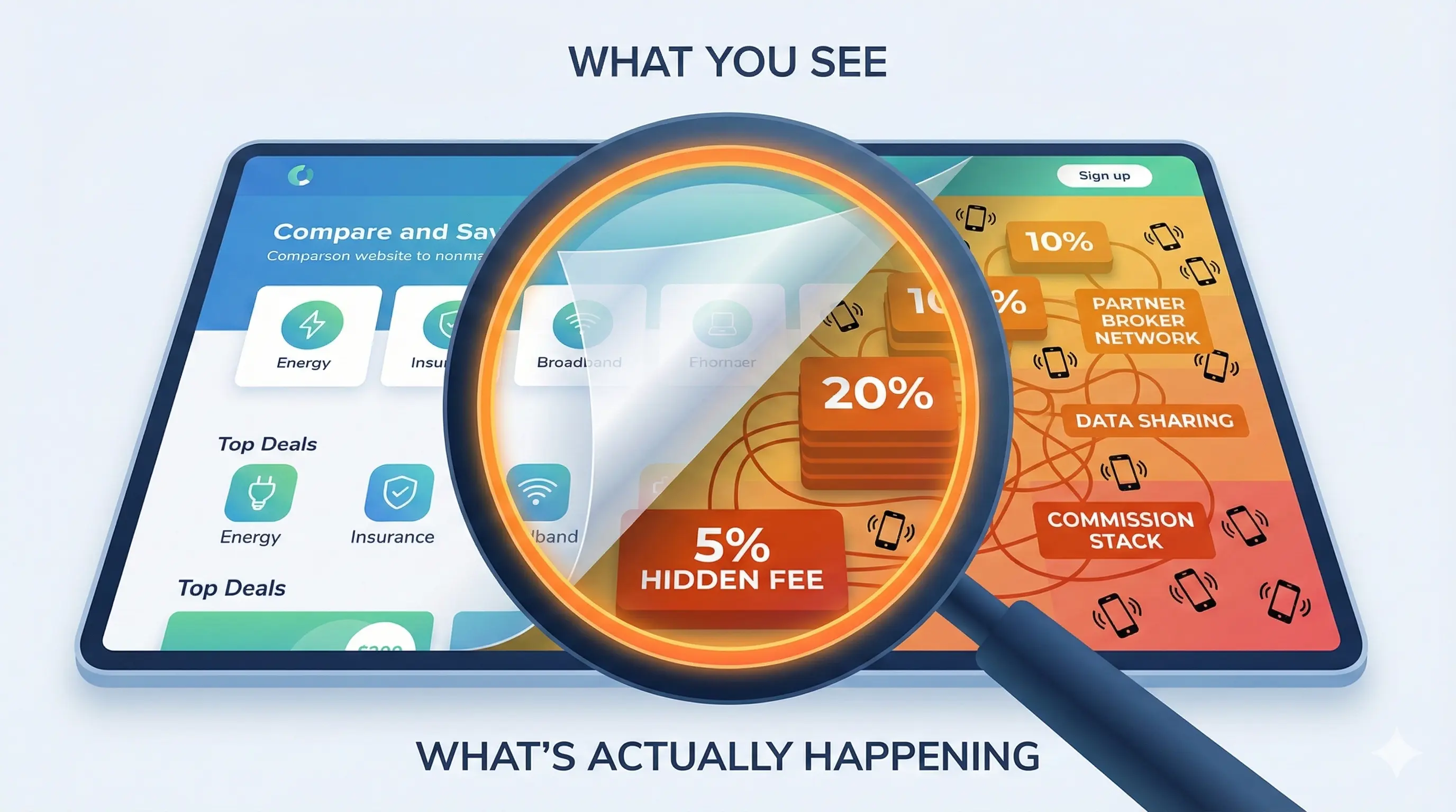 Magnifying glass revealing hidden commission layers beneath a friendly comparison website interface, illustrating the need for transparency in business energy