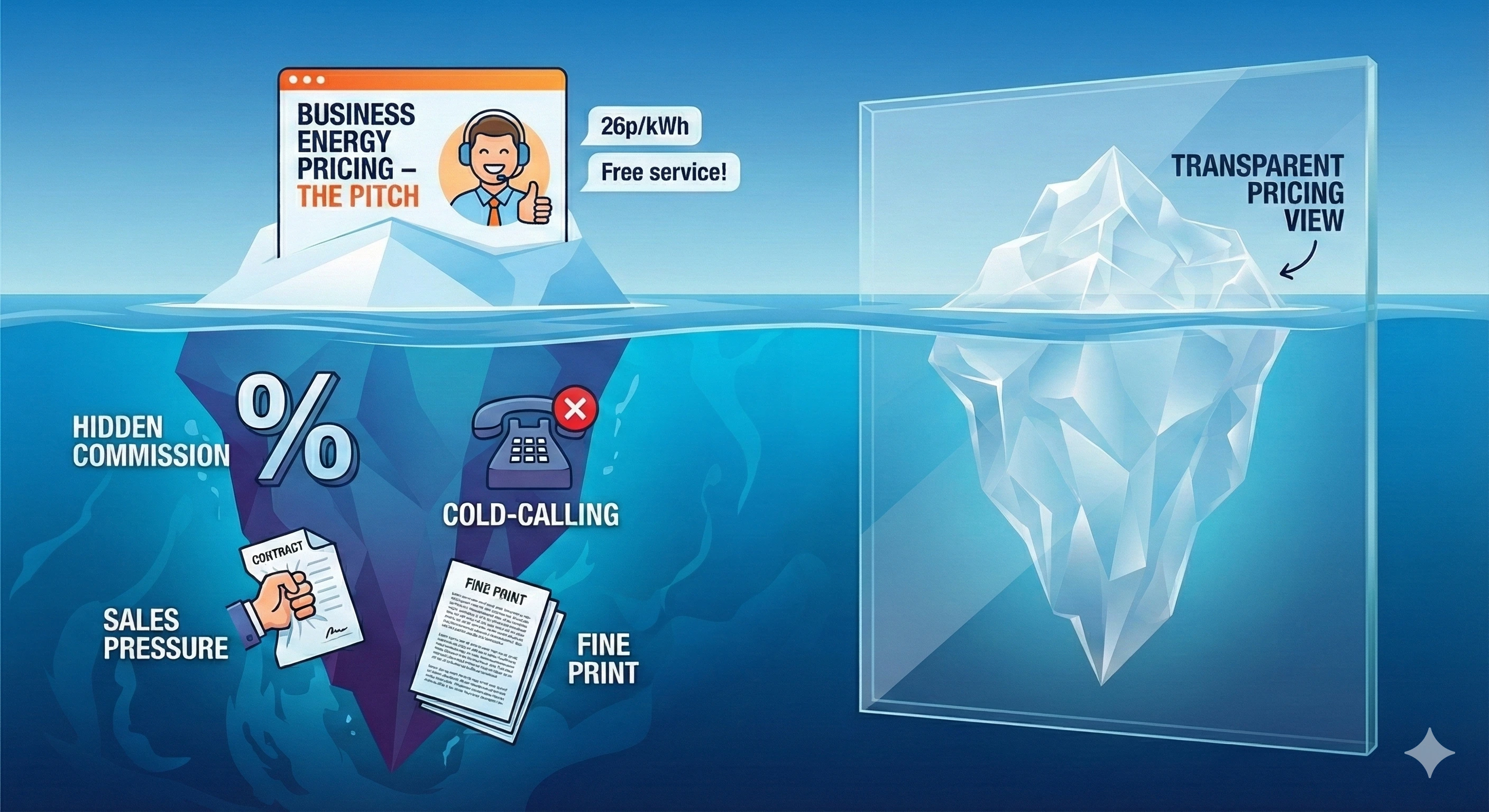 Split image comparing a phone with sales call notifications and question marks versus a laptop showing transparent pricing dashboard - representing the choice between traditional broker and self-service switching