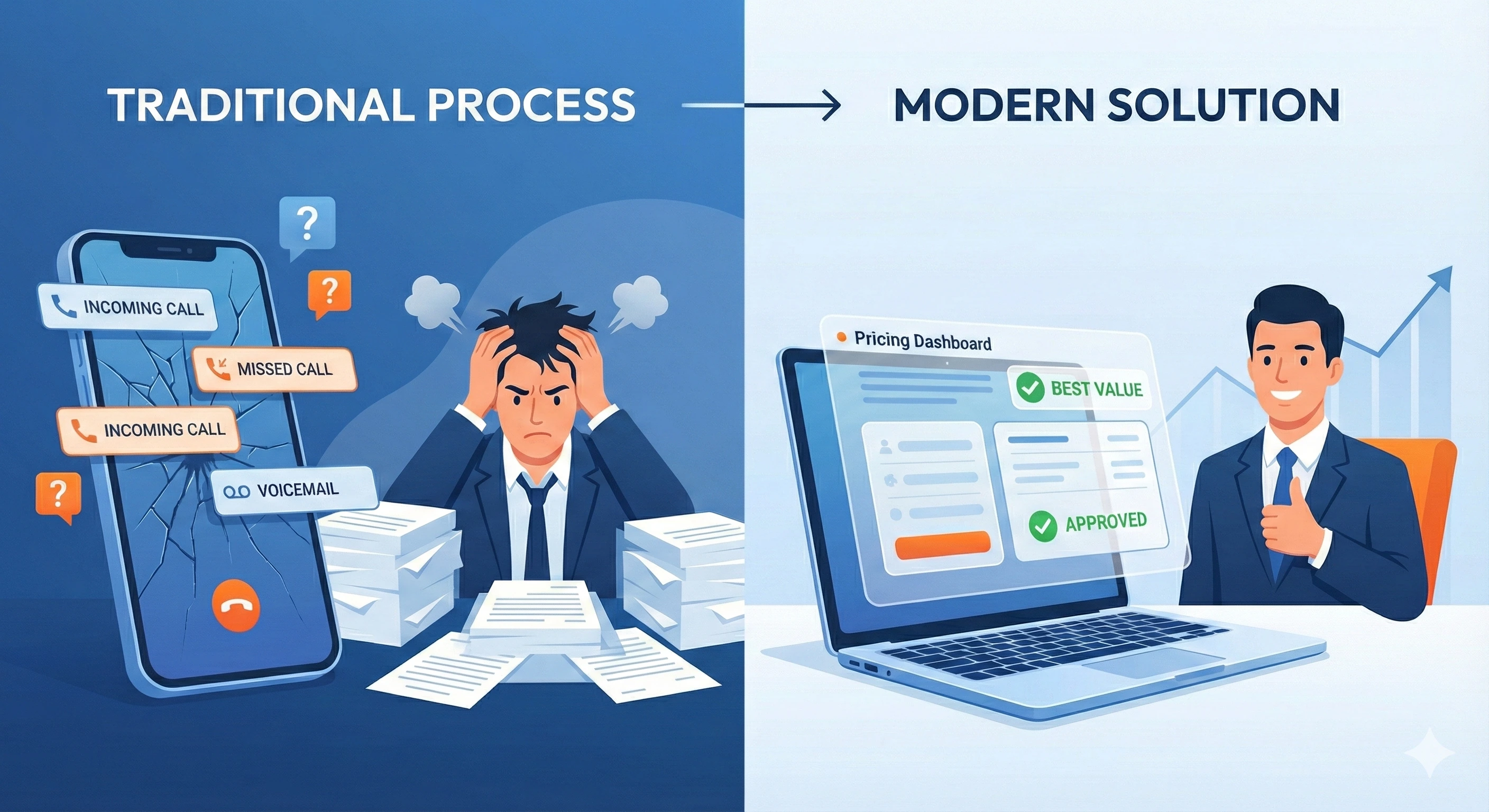 Split image comparing a phone with incoming sales calls and question marks versus a laptop showing transparent pricing dashboard with AI assistant - representing the choice between traditional broker and self-service switching