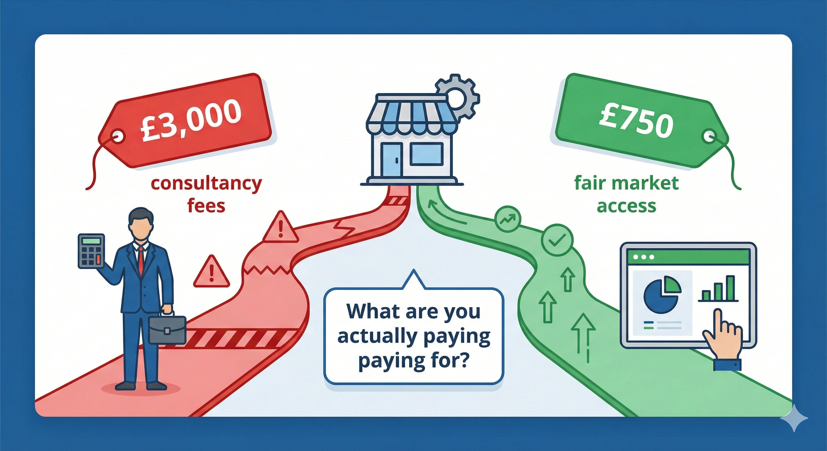 Infographic comparing two energy switching paths: £3,000 broker consultancy fees versus £750 for transparent market access