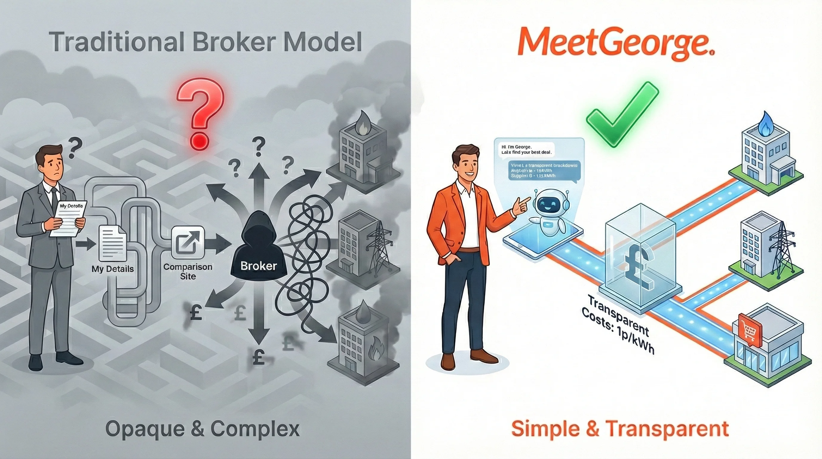 Side-by-side comparison of the hidden broker model versus Meet George's transparent direct model