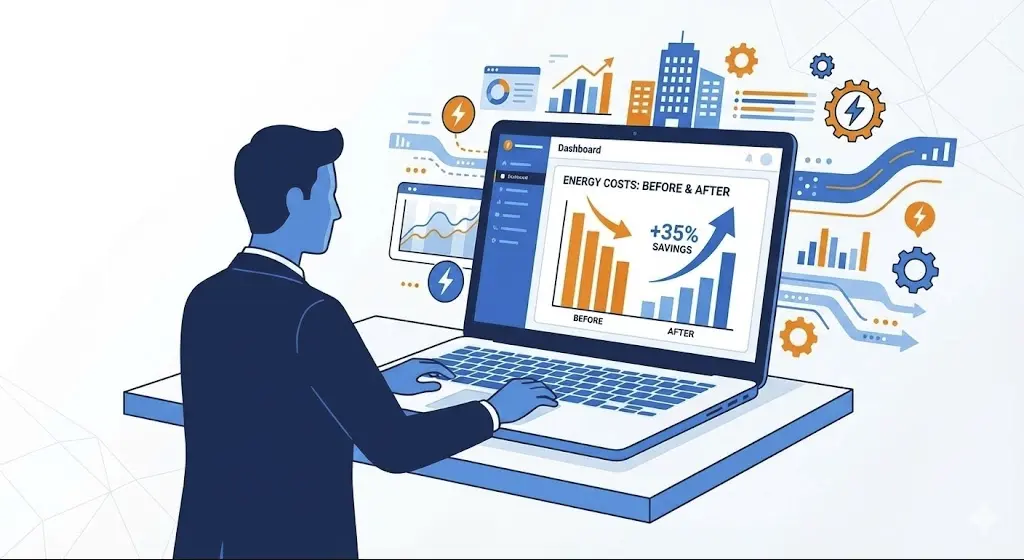 Business owner reviewing energy consumption data and comparing costs using an online energy analysis tool