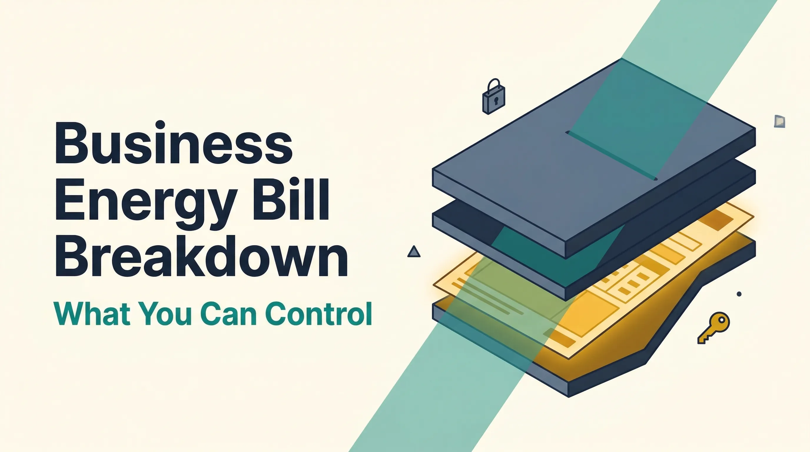 Flat vector illustration of a business energy bill being peeled apart in layers, with heavy navy and slate slabs representing uncontrollable costs and a glowing golden layer representing the controllable portion