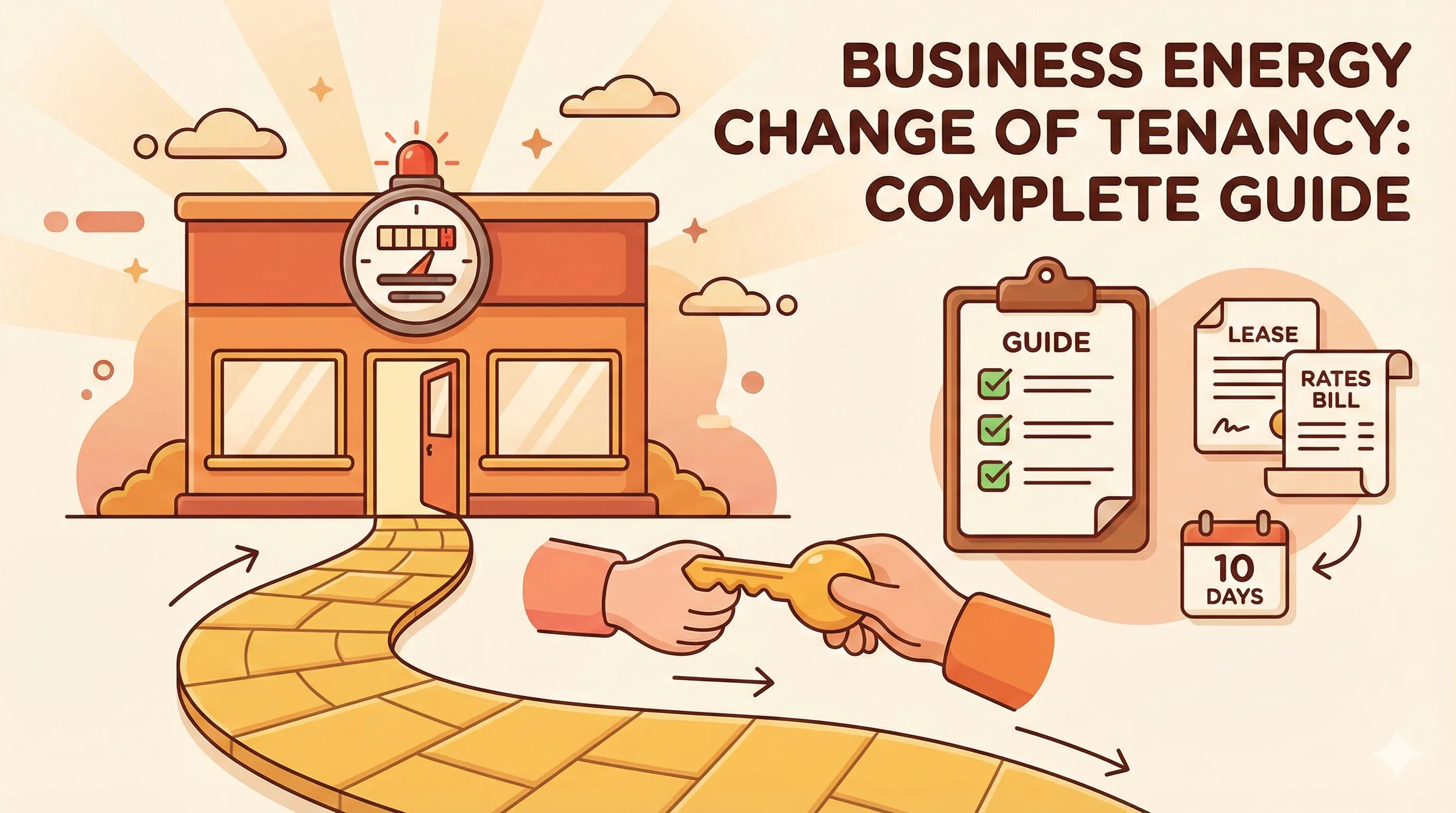 Illustration of a business premises with energy documents and a moving checklist, representing the change of tenancy process in UK business energy