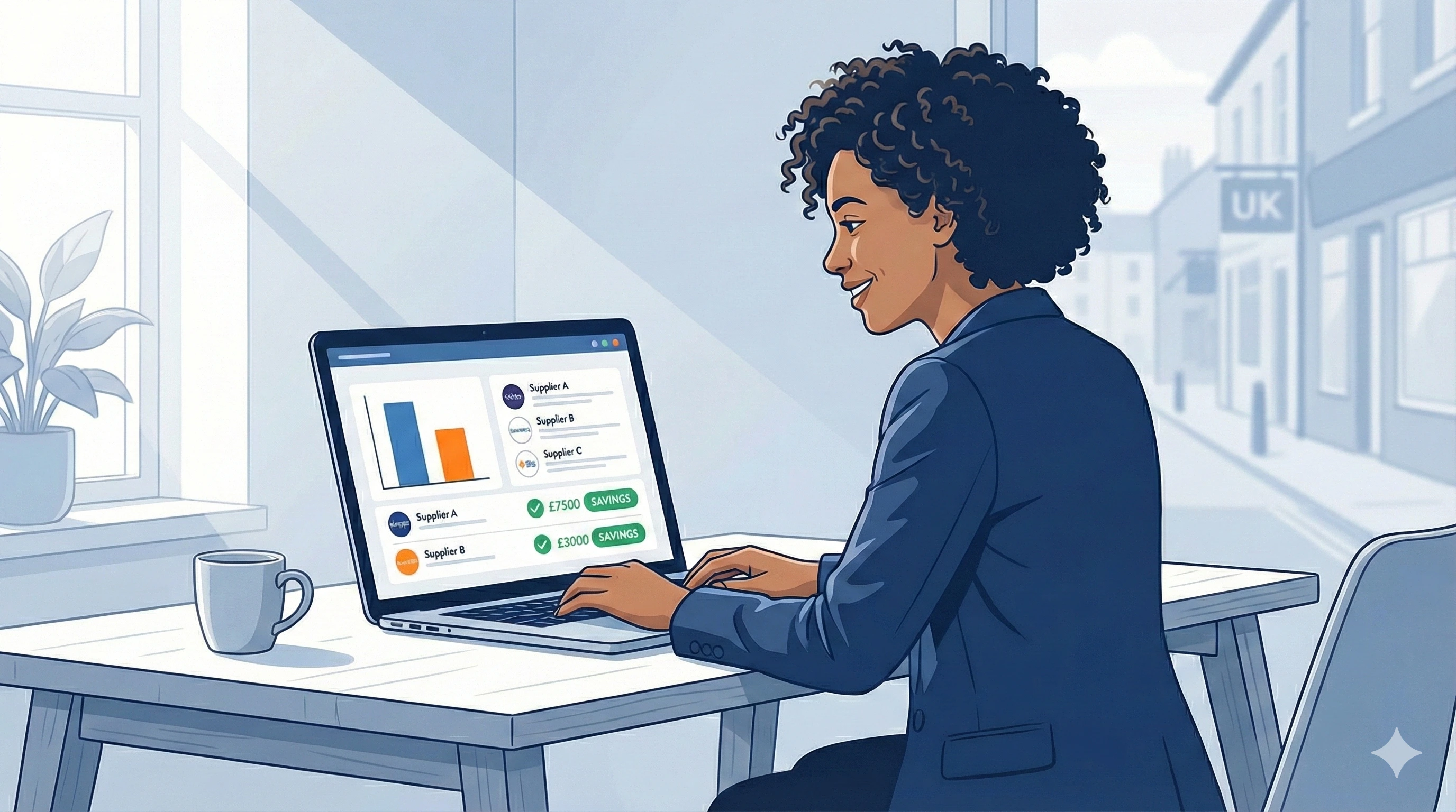 UK business owner comparing energy supplier quotes on laptop screen showing price comparisons and savings calculations