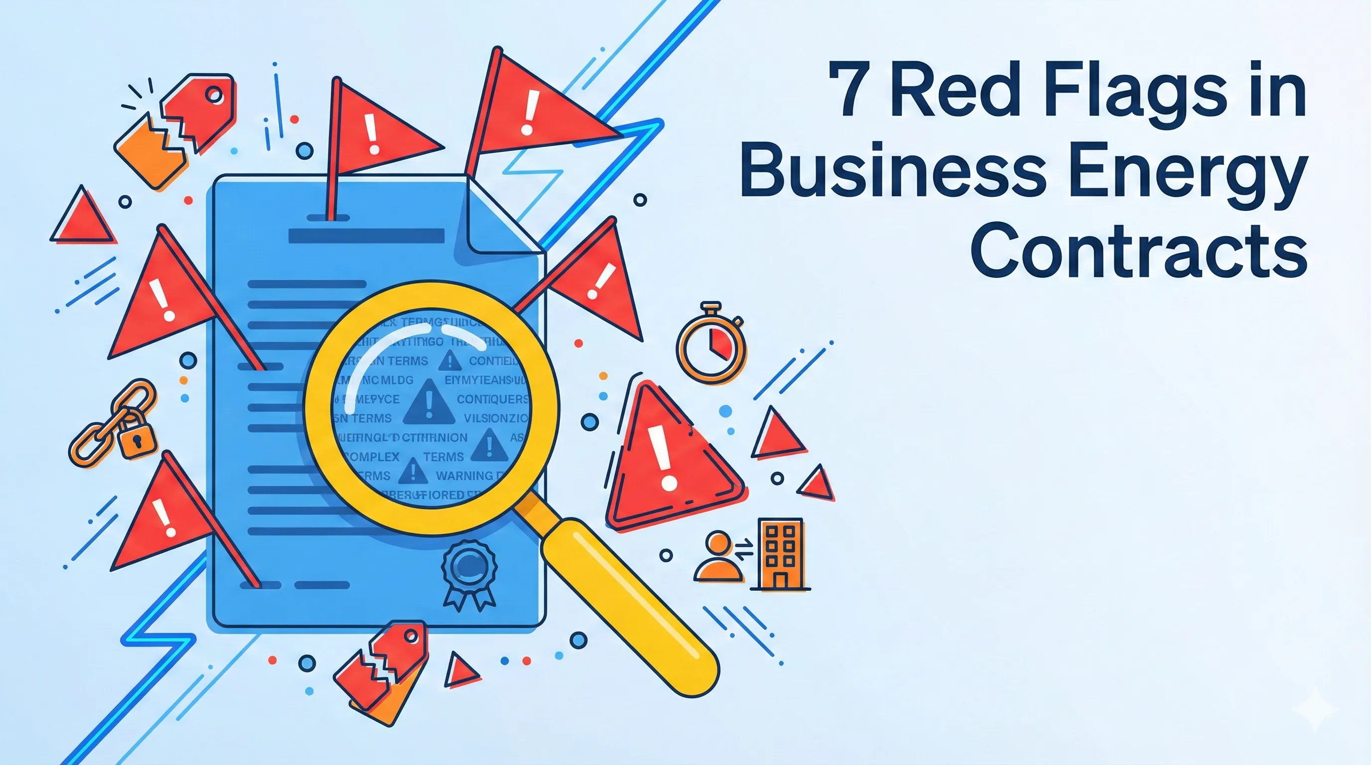 Illustration of a magnifying glass revealing hidden red flag clauses in a business energy contract