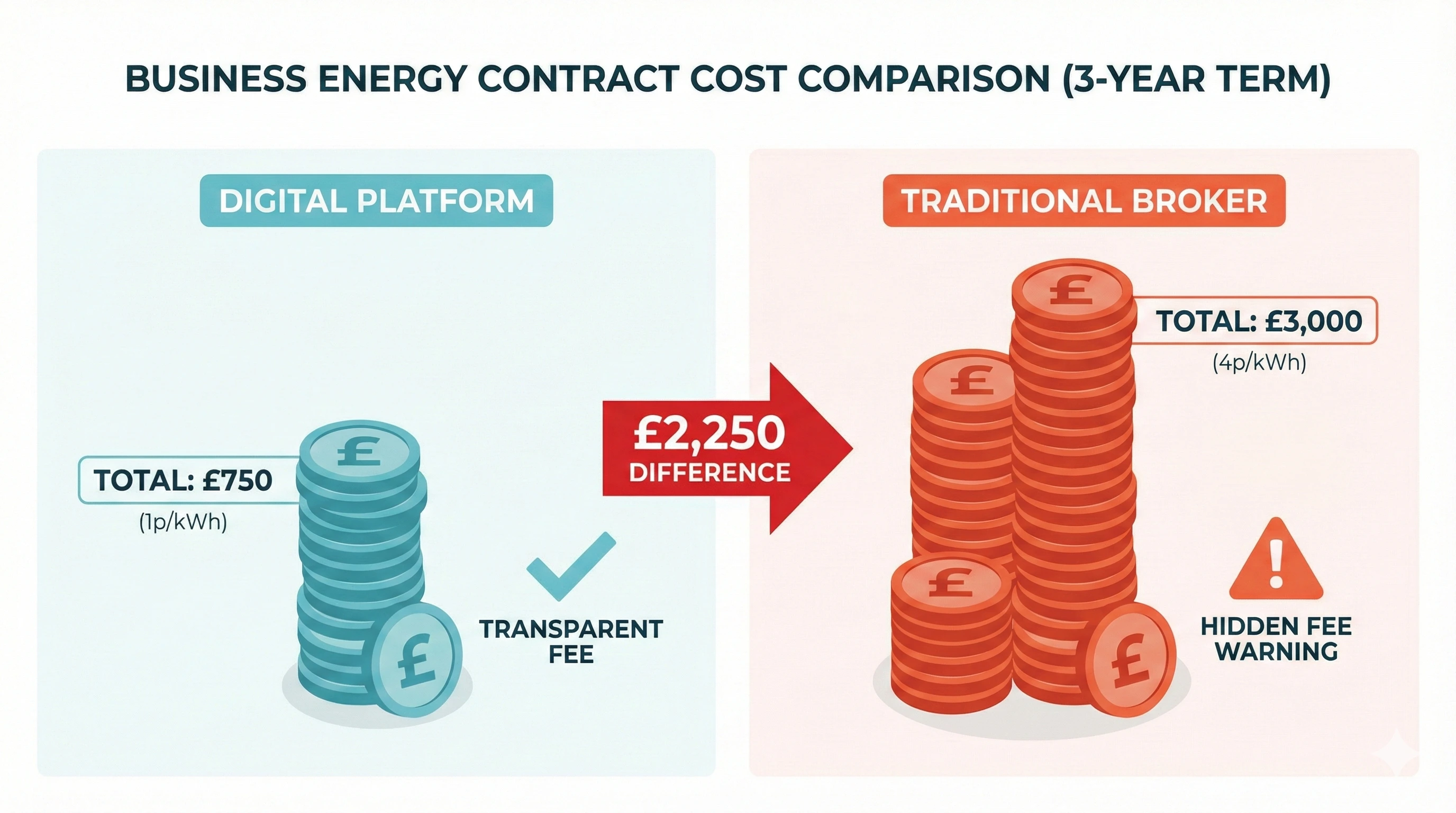 Side-by-side cost comparison showing digital platform fees versus traditional broker commissions over a 3-year contract