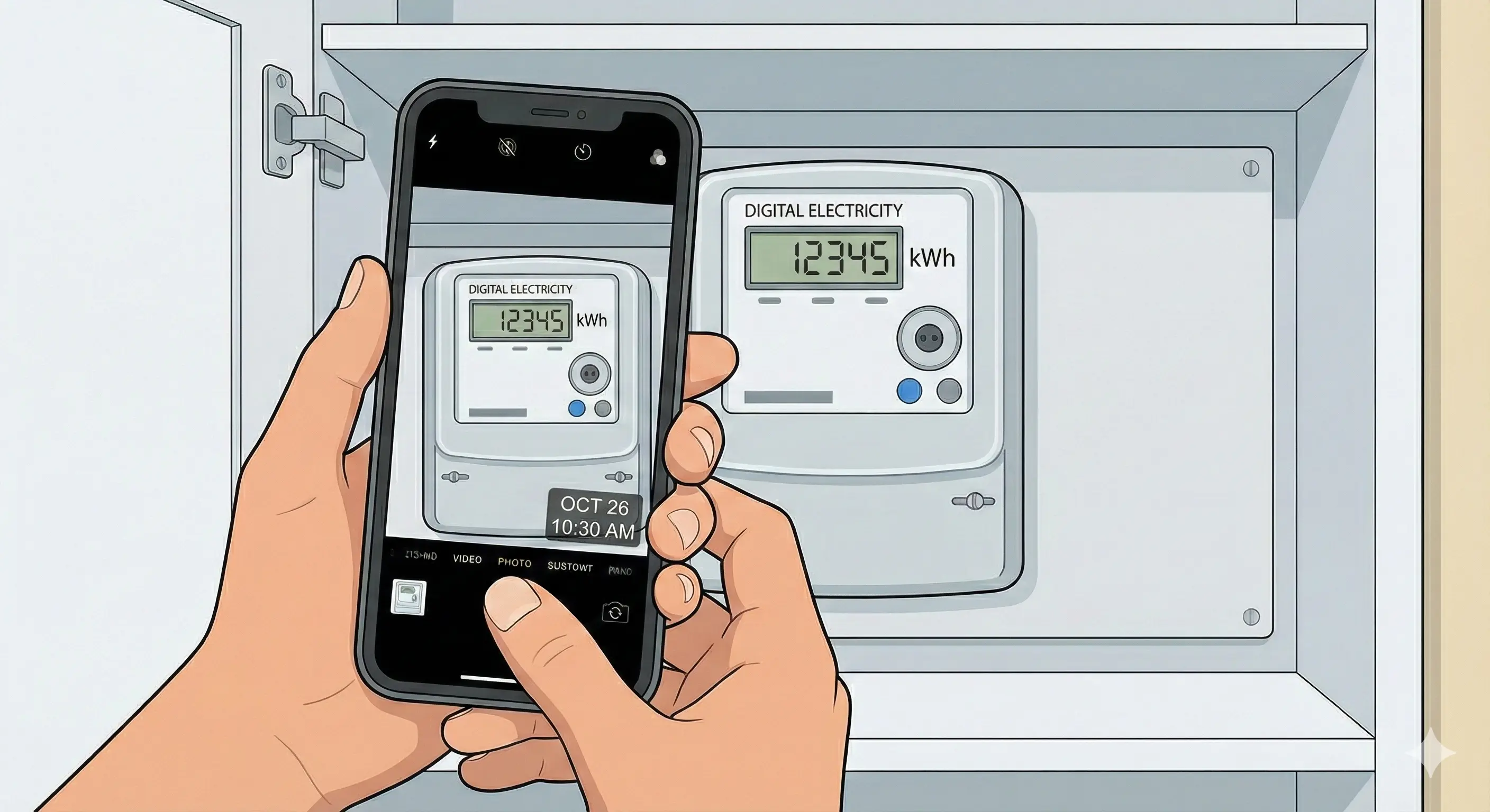 Hands using smartphone to photograph business electricity meter reading with digital timestamp overlay for documentation