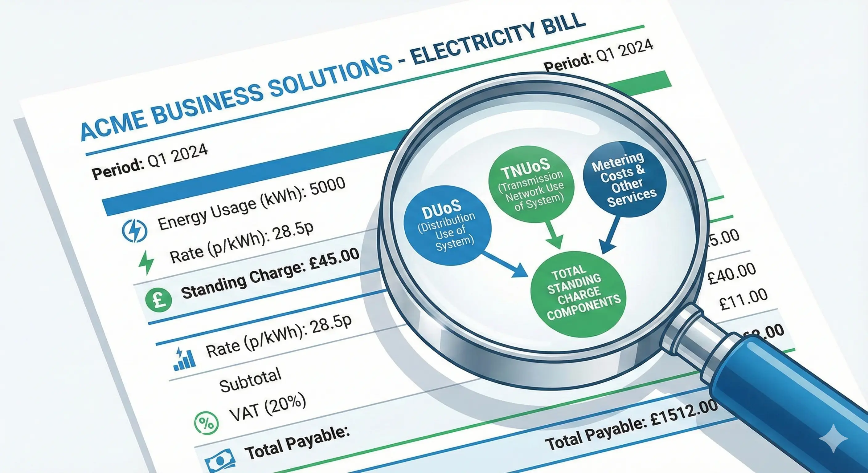 UK business electricity bill highlighting the standing charge line item with a magnifying glass showing the daily rate breakdown