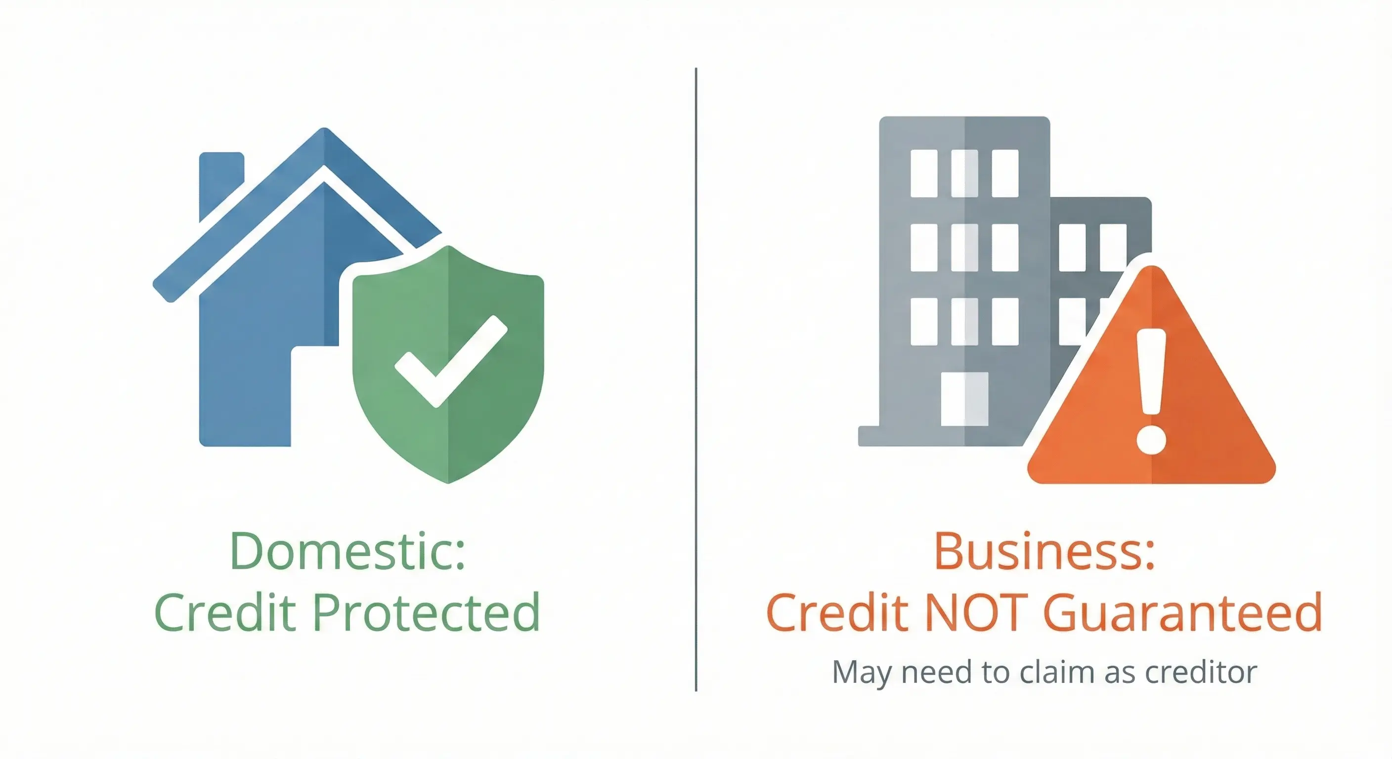 Comparison graphic showing domestic customer credit is protected while business customer credit is not guaranteed under the SoLR process