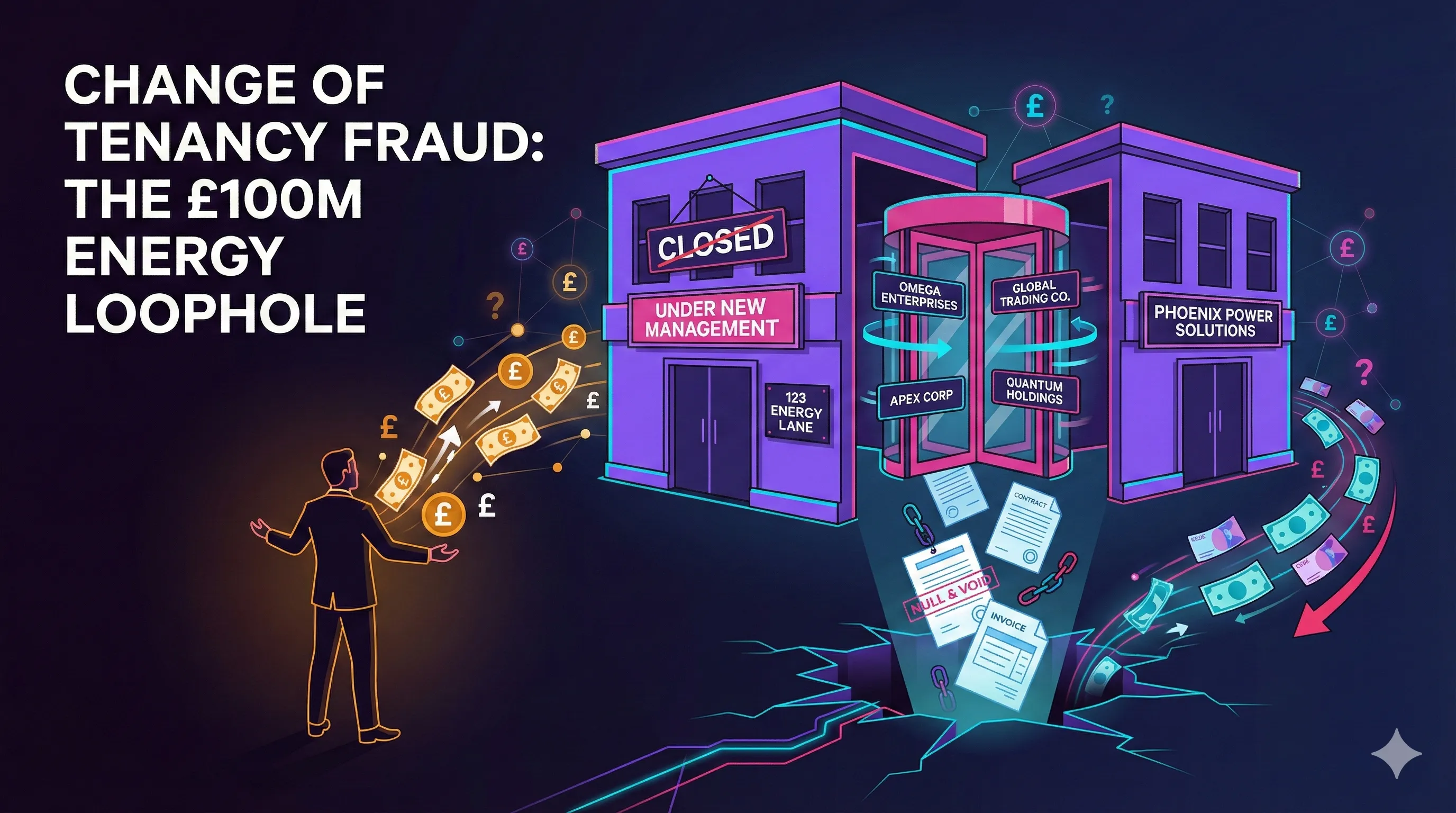Dark illustration of a commercial building with a revolving door cycling through fake company names, documents falling into a void below, representing change of tenancy fraud in UK business energy