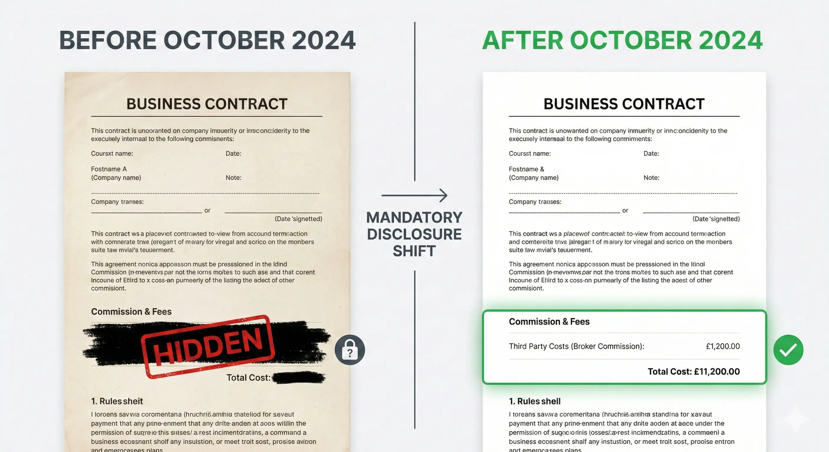 Before and after comparison showing hidden commission in pre-2024 contracts versus mandatory disclosure in post-October 2024 contracts