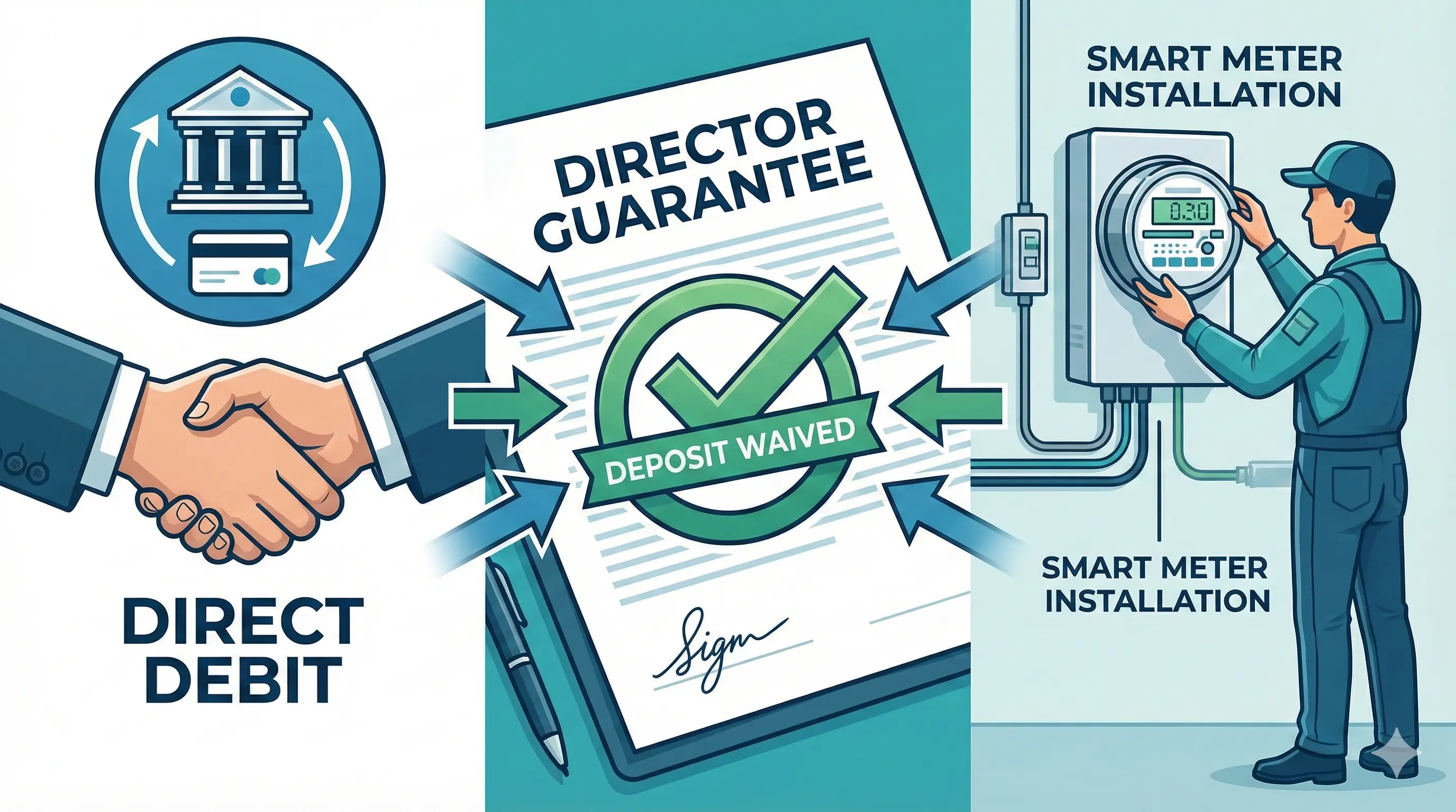 Visual guide showing three deposit negotiation alternatives for SMEs: signing a Direct Debit mandate form, providing a Director's personal guarantee document, and installing a smart meter for accurate billing