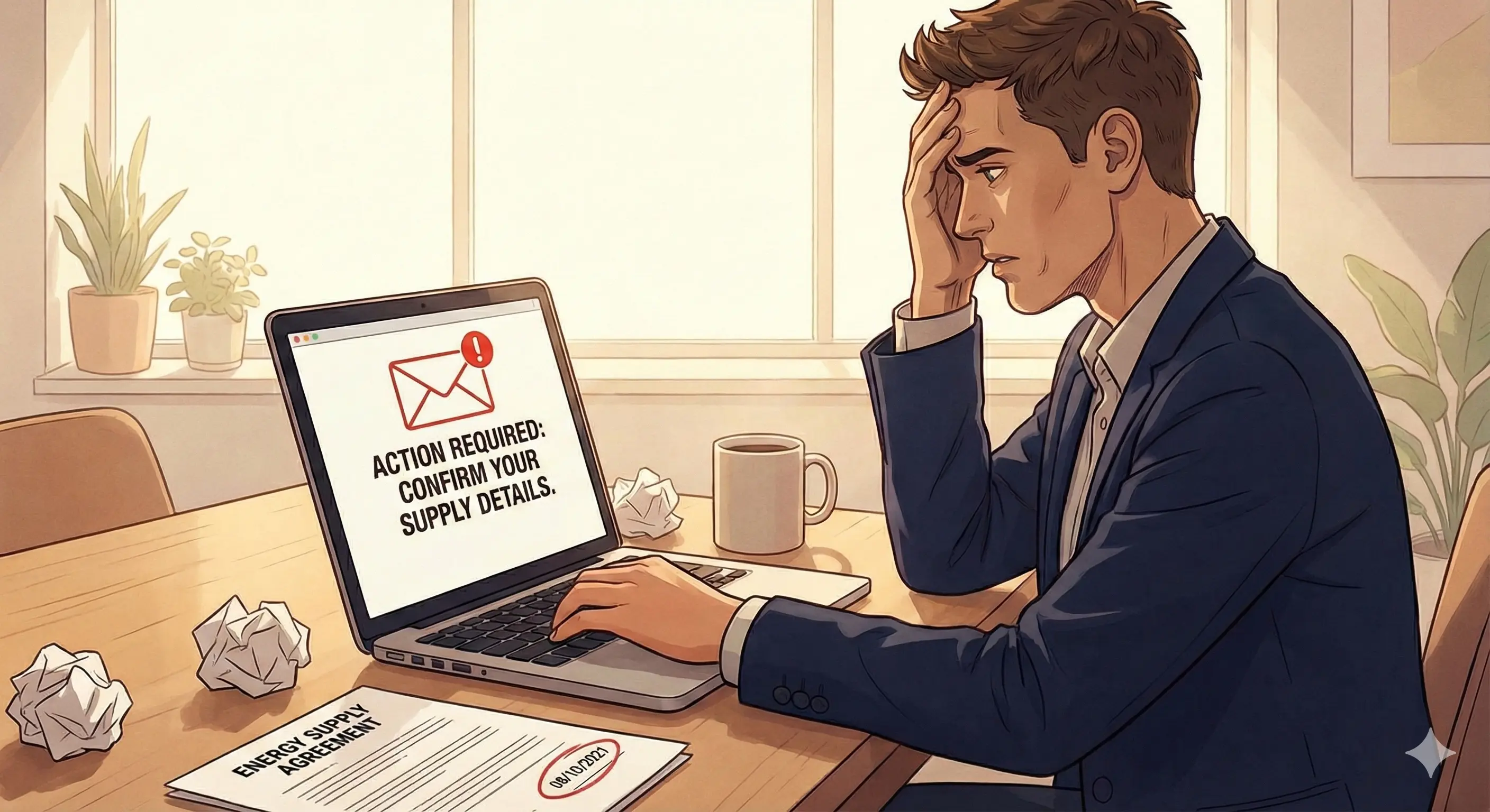 Business owner looking concerned at laptop screen showing urgent email notification about energy contract renewal with warning symbols and countdown timer indicating an impending auto-renewal deadline