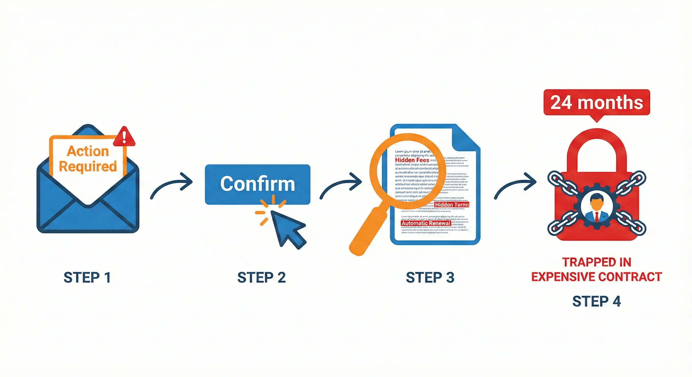 Infographic showing the four-stage digital renewal trap process for business energy: Stage 1 shows an email notification arriving with urgent Action Required messaging, Stage 2 shows a cursor clicking a Confirm button on a web form, Stage 3 reveals hidden contract terms buried in small print including extended contract length and broker fees, Stage 4 shows a padlock symbol indicating the business is now locked into expensive rates for 24 months with no exit route