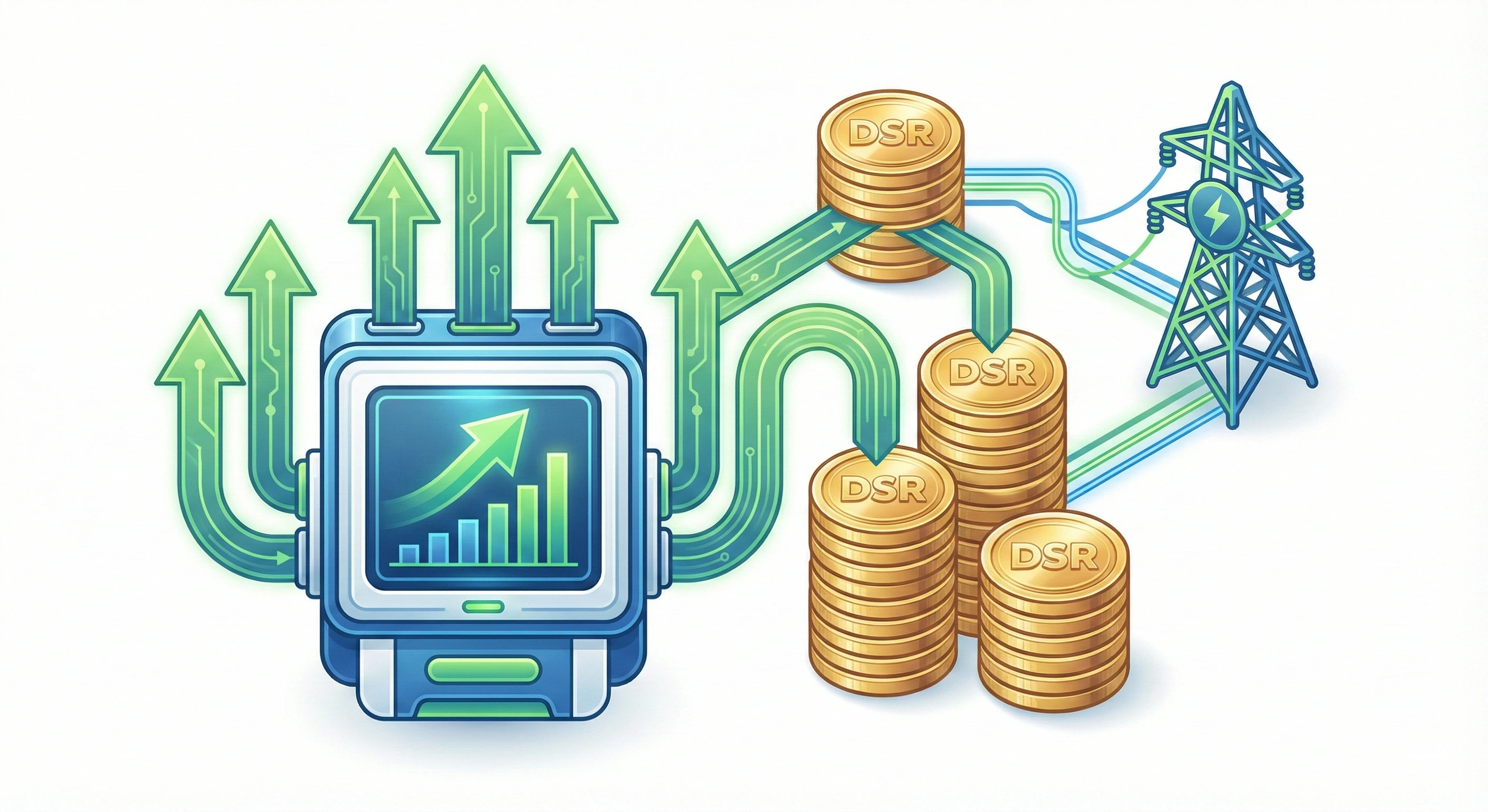 Business energy meter with upward arrows showing revenue generation, National Grid connection, and stacked coins representing DSR income streams