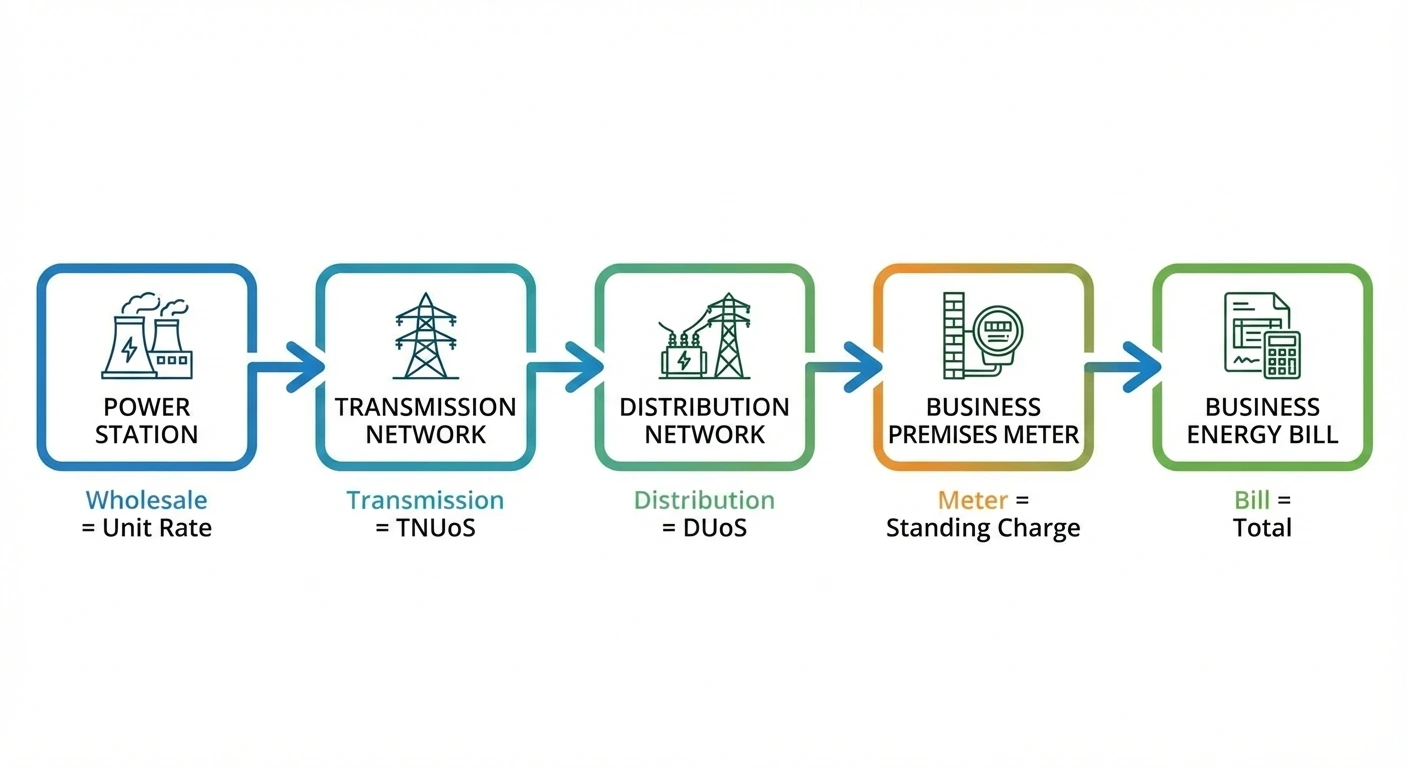 Diagram showing how electricity flows from generation to your business, with each stage labelled with its associated charge on your bill