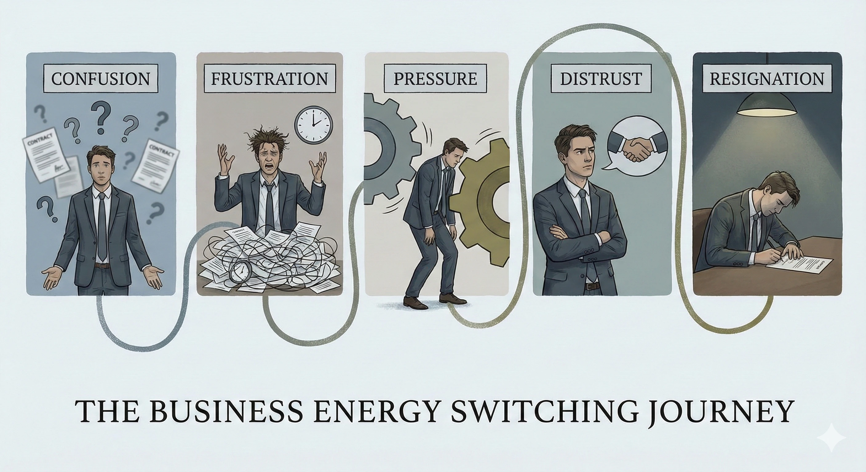 Illustration showing the emotional journey of business energy switching: confusion, frustration, pressure, distrust, and finally resignation