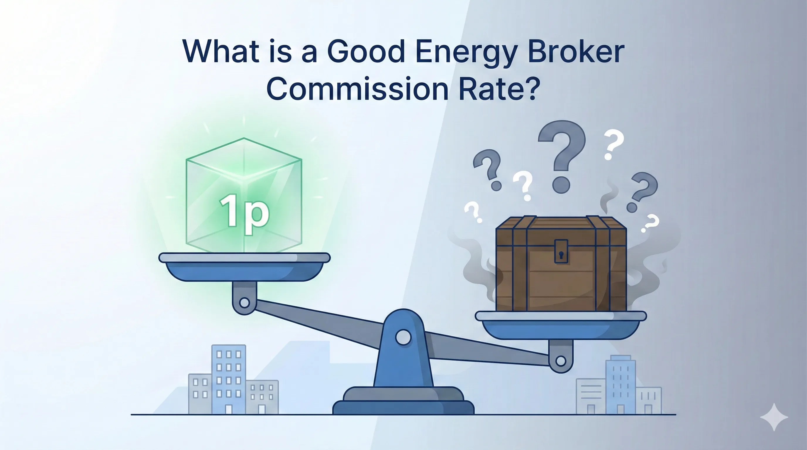 Illustration showing a scale balancing transparency and undisclosed costs in energy broker commissions