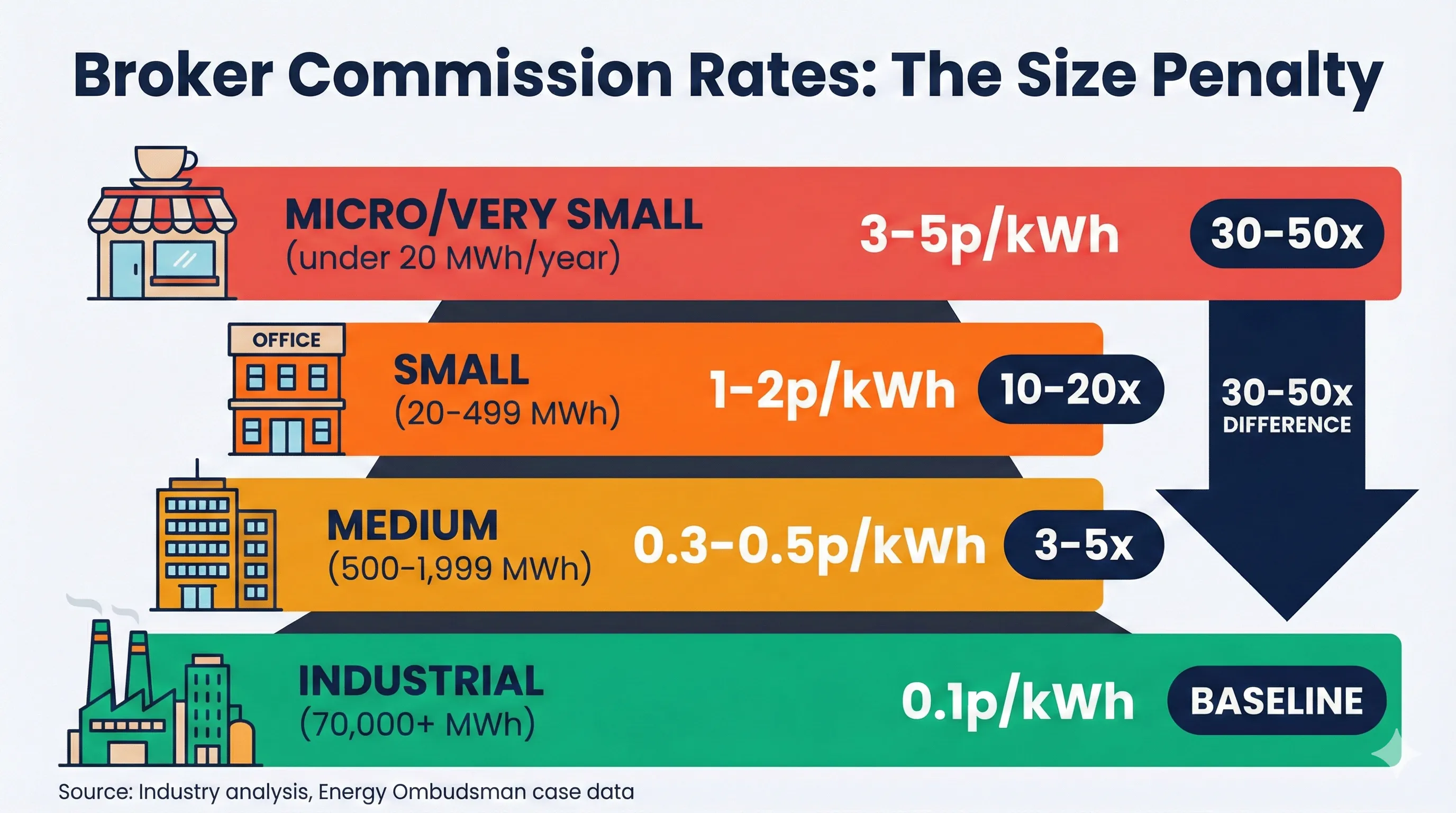 Infographic showing broker commission rates by business size - micro businesses pay 3-5p/kWh (30-50x baseline) while industrial clients pay just 0.1p/kWh