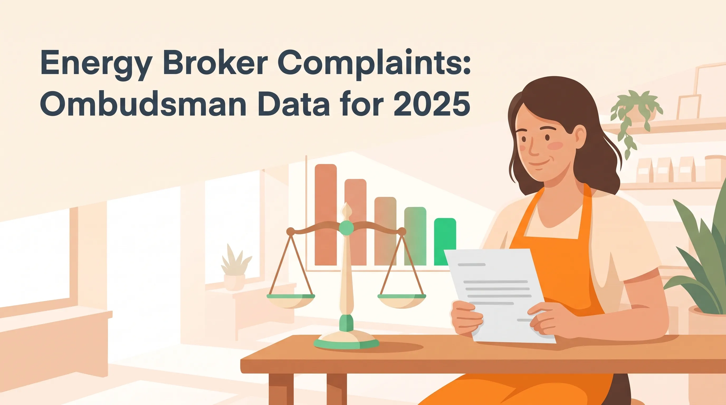 Illustration of a calm small business owner in an orange apron at a desk reading a complaint letter, beside balanced scales of justice for the Energy Ombudsman and a bar chart stepping down, under the title Energy Broker Complaints: Ombudsman Data for 2025