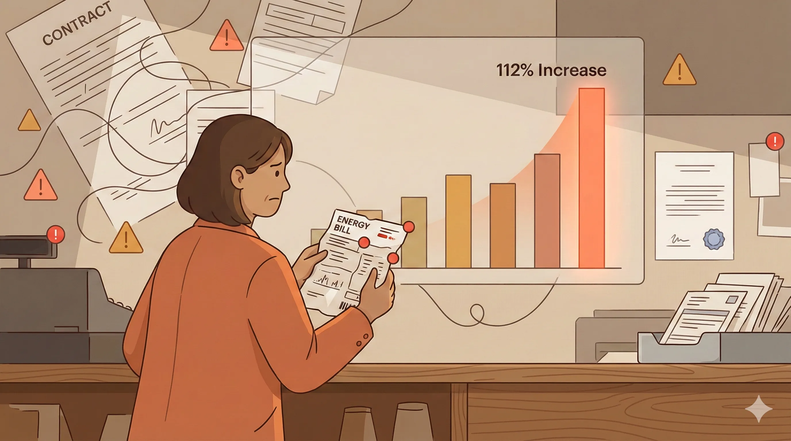 Illustration of a concerned business owner examining an energy bill while a rising bar chart shows a 112% increase in broker complaints, surrounded by warning signs and tangled contract documents