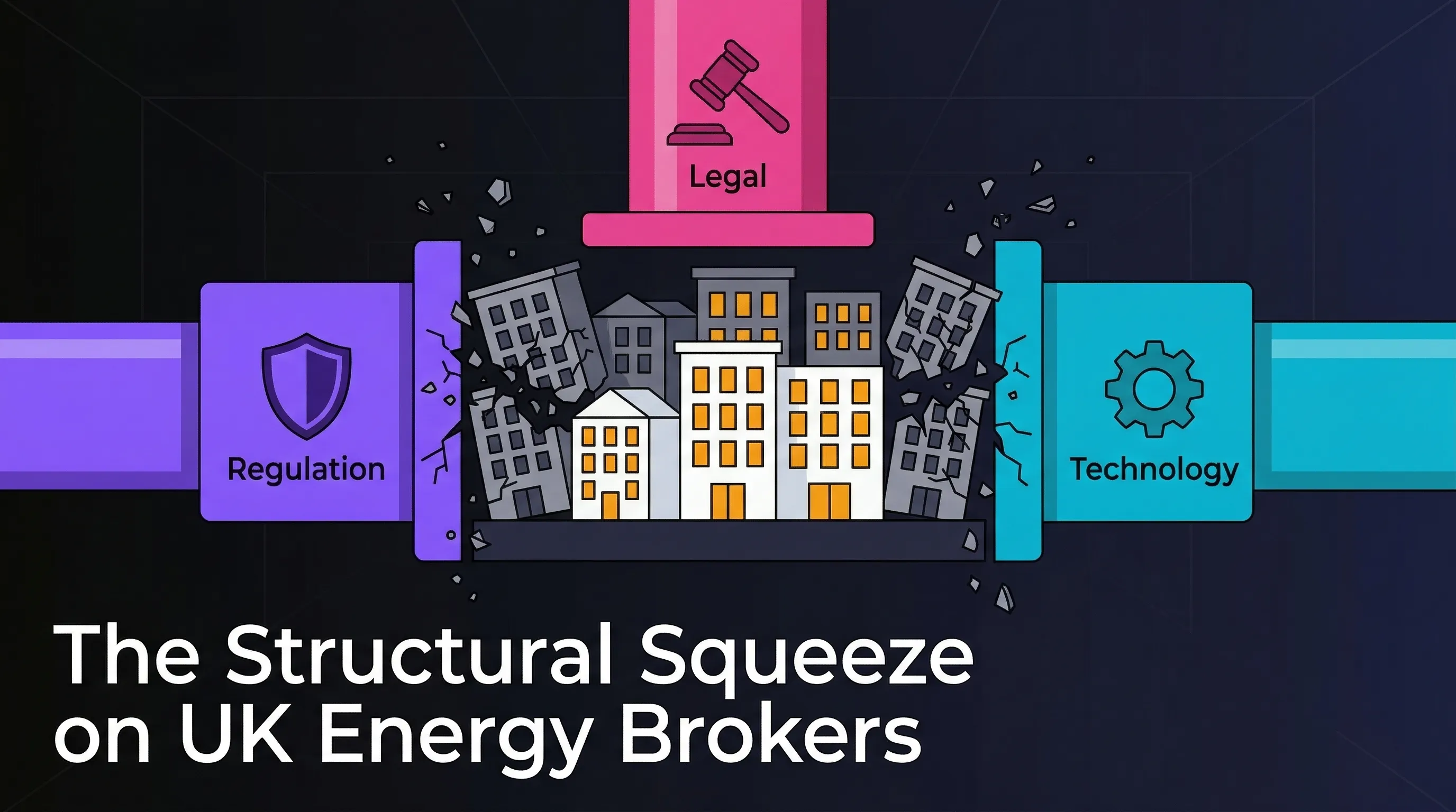 Illustration showing UK energy broker market consolidation with regulatory, technology, and legal pressures converging