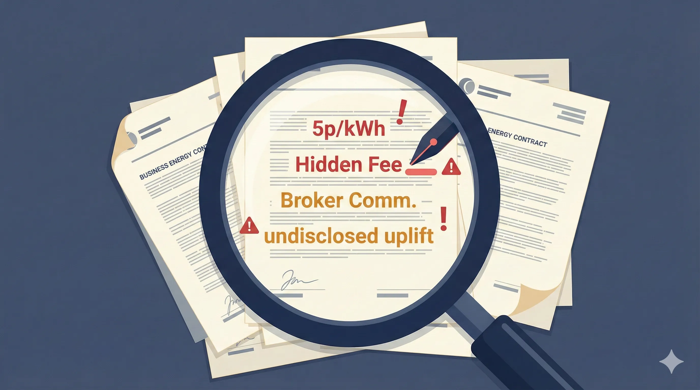 Investigative illustration showing stacked documents and contracts being revealed with a magnifying glass, exposing hidden fees and fine print