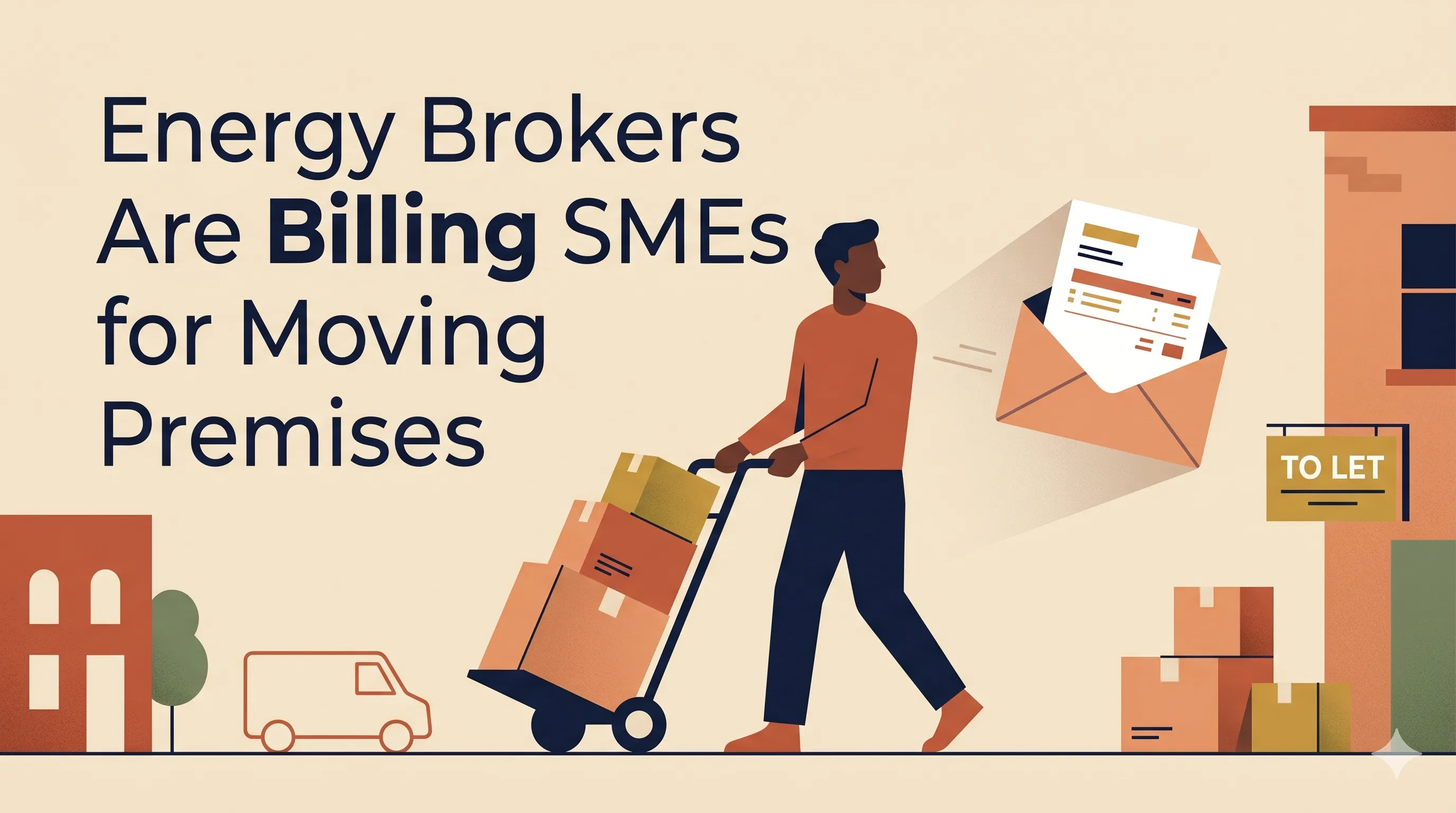 Editorial illustration of an SME owner mid-move surrounded by cardboard boxes, with an unexpected invoice arriving from off-frame - representing a broker termination fee triggered by a premises move