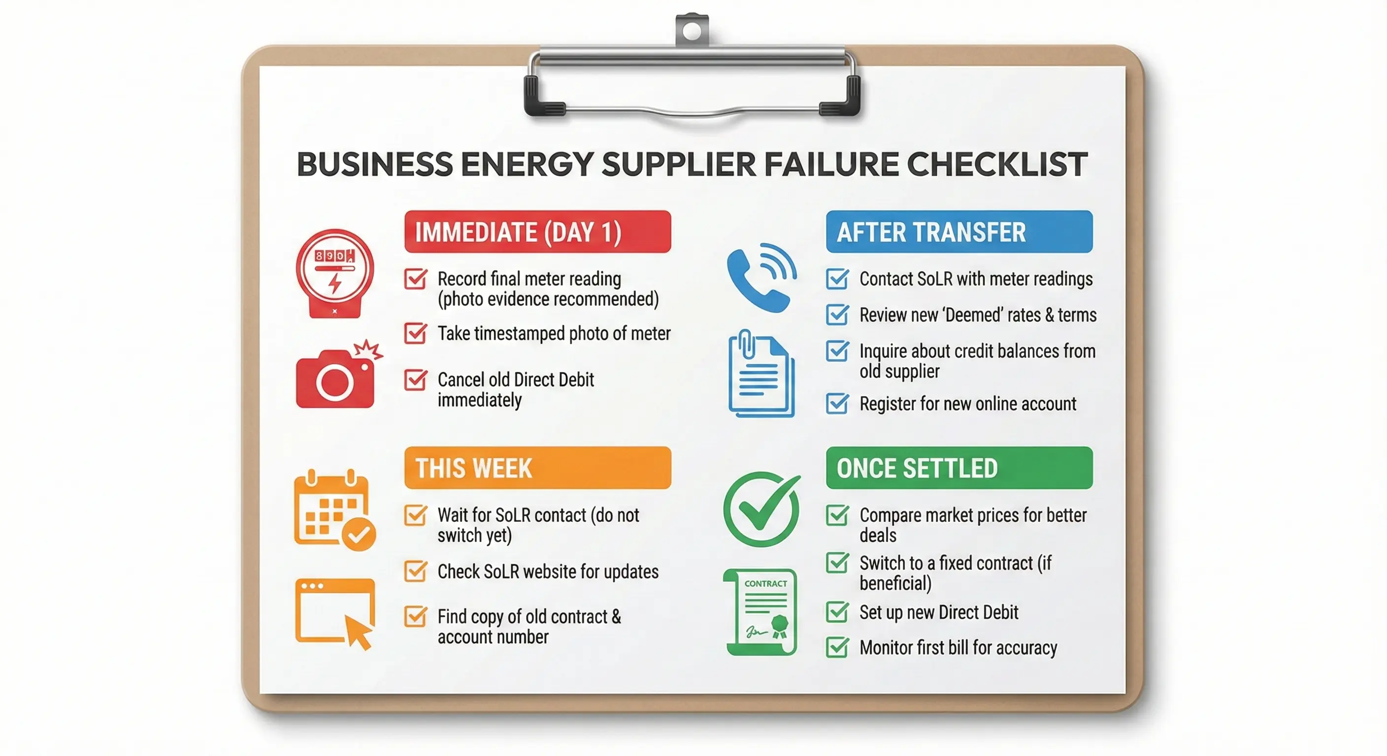 Four-phase supplier failure checklist showing immediate actions, first week tasks, post-transfer steps, and final settlement activities with colour-coded sections